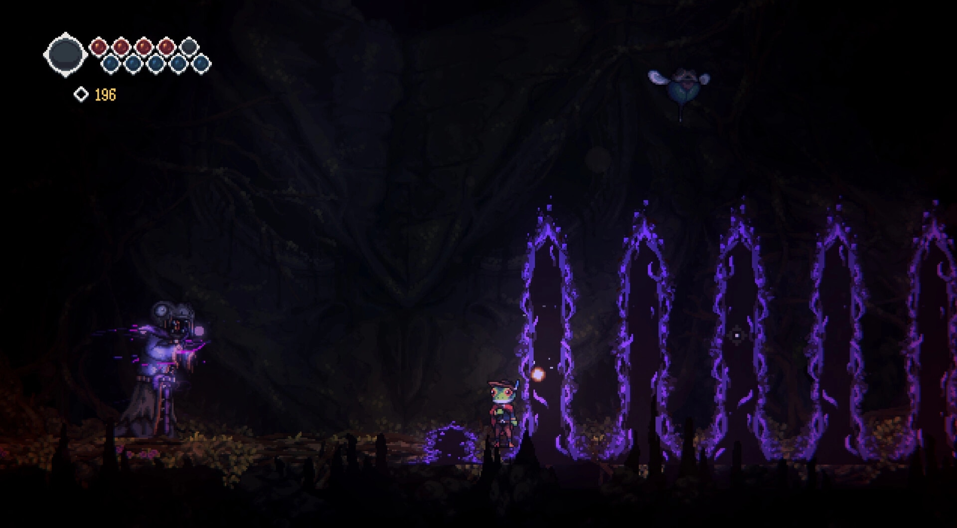 Frogreign: Prince Rill faces a cloaked enemy amid glowing purple barriers inside a dark cavern.