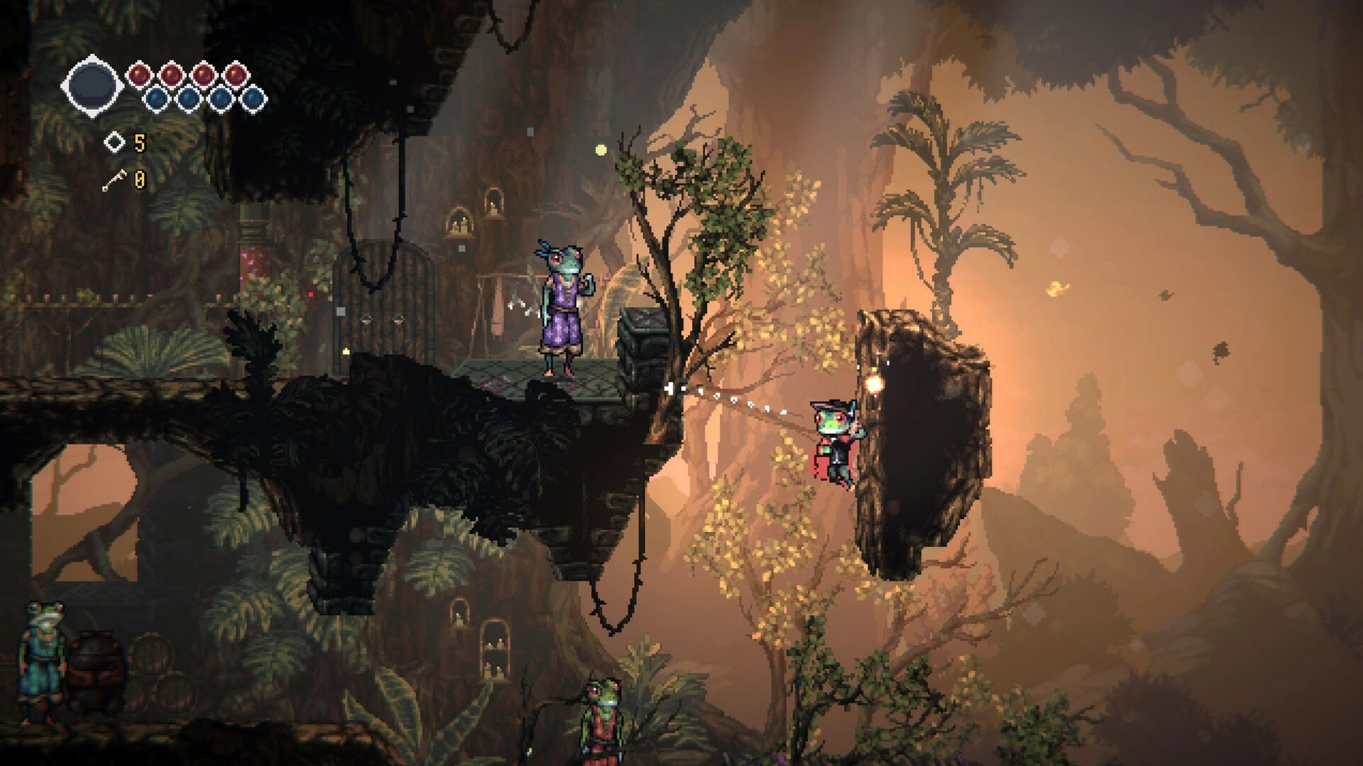 Frogreign: Prince Rill uses tongue to swing across a forest cavern while characters stand on ledges.
