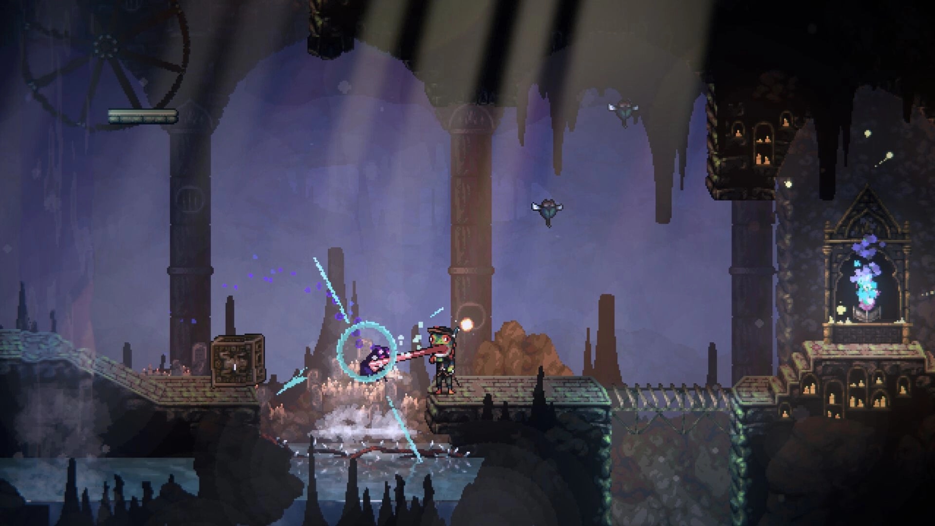 Frogreign: Prince Rill uses tongue to grapple to the ledge in a dark cavern with glowing spirits nearby.