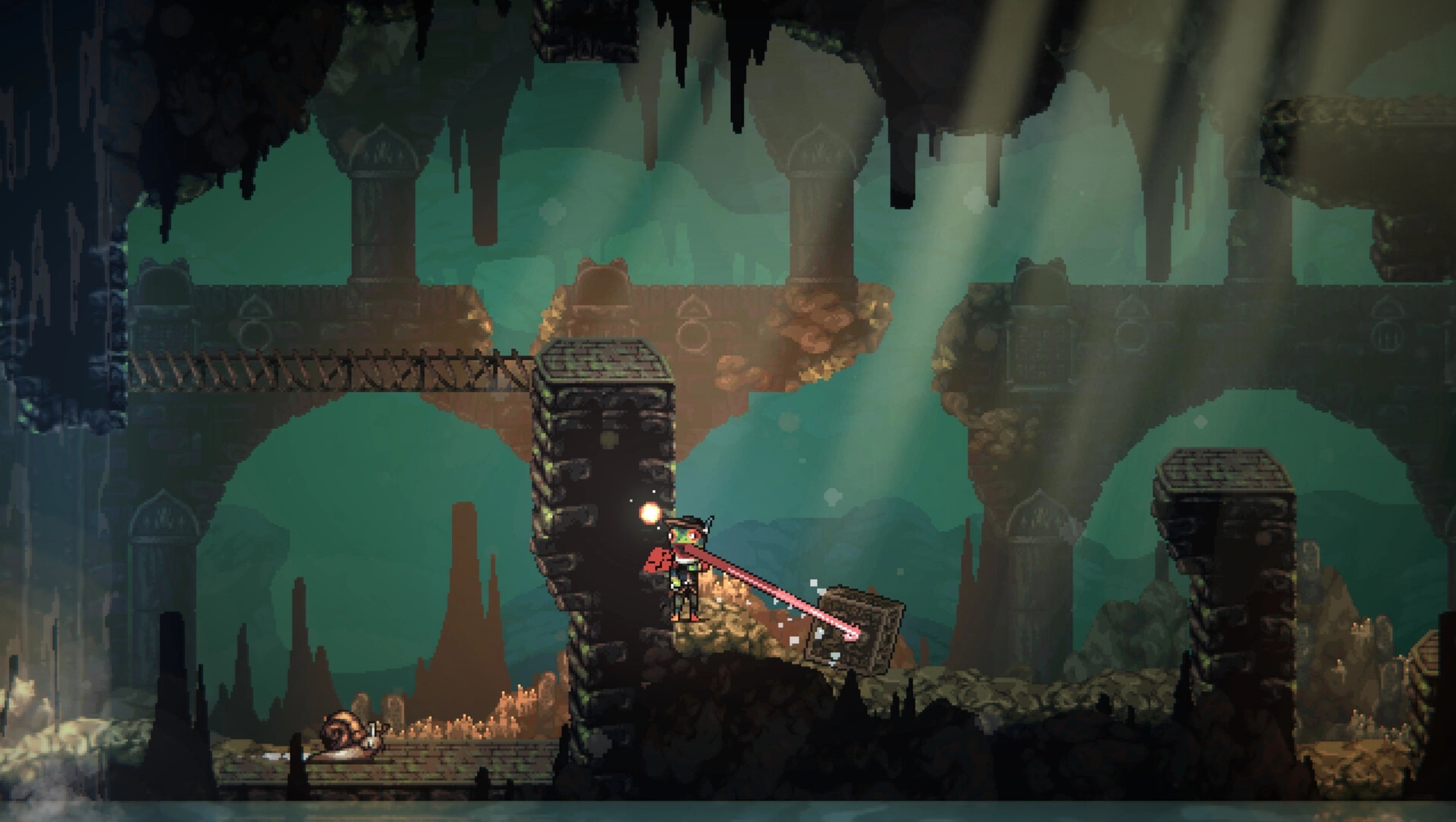 Frogreign: Prince Rill uses his tongue to grapple in a shadowy cavern with ancient stone structures.