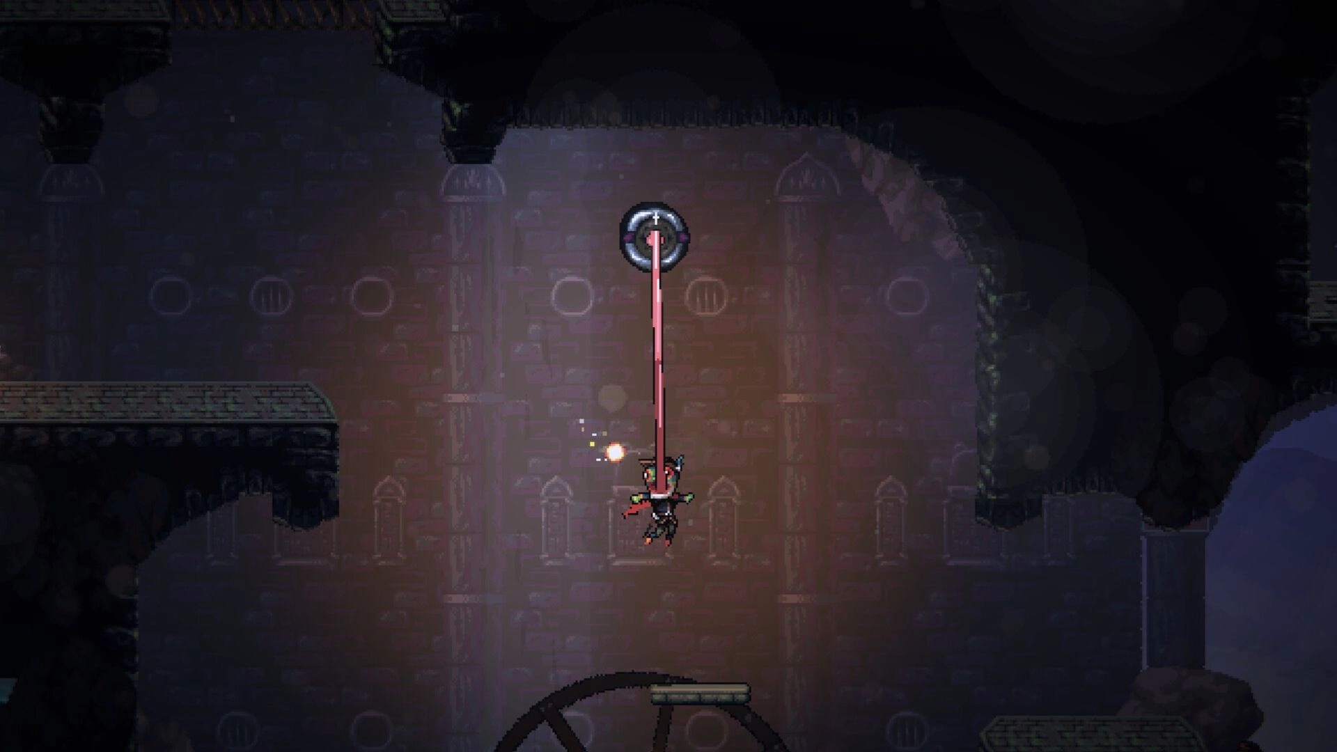 Frogreign: Prince Rill swings using his tongue as a grappling hook in a dark underground cavern.
