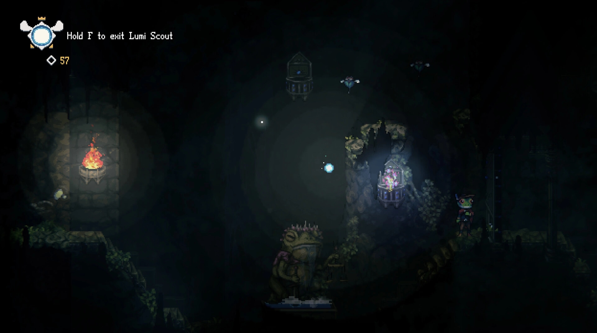 Frogreign: Prince Rill stands in a dim cavern with glowing fire and mysterious stone structures