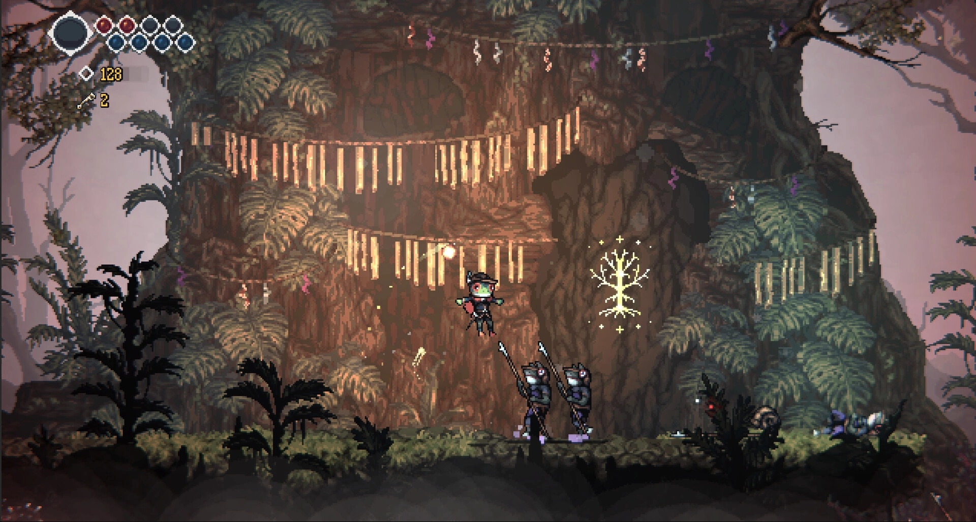 Frogreign: Prince Rill leaps above armored enemies in a lush forest with glowing symbols on the wall