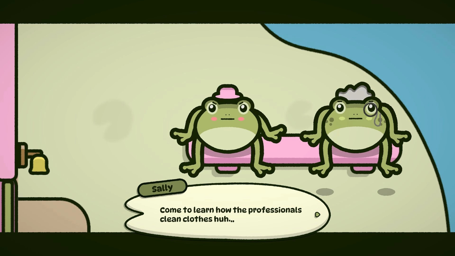 Frogs Aren’t Fresh: Sally chats in dialogue box with two frogs seated on a pink bench by water.