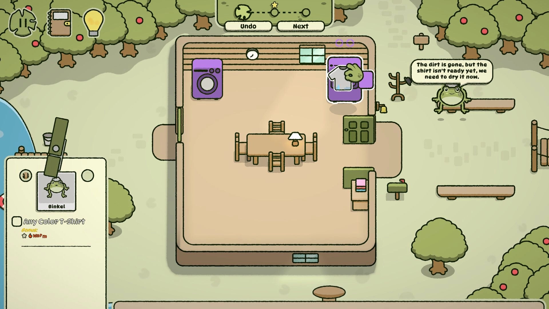 Frogs Aren’t Fresh: Dragging a wet T-shirt card in laundry room puzzle with frog order and hints UI.