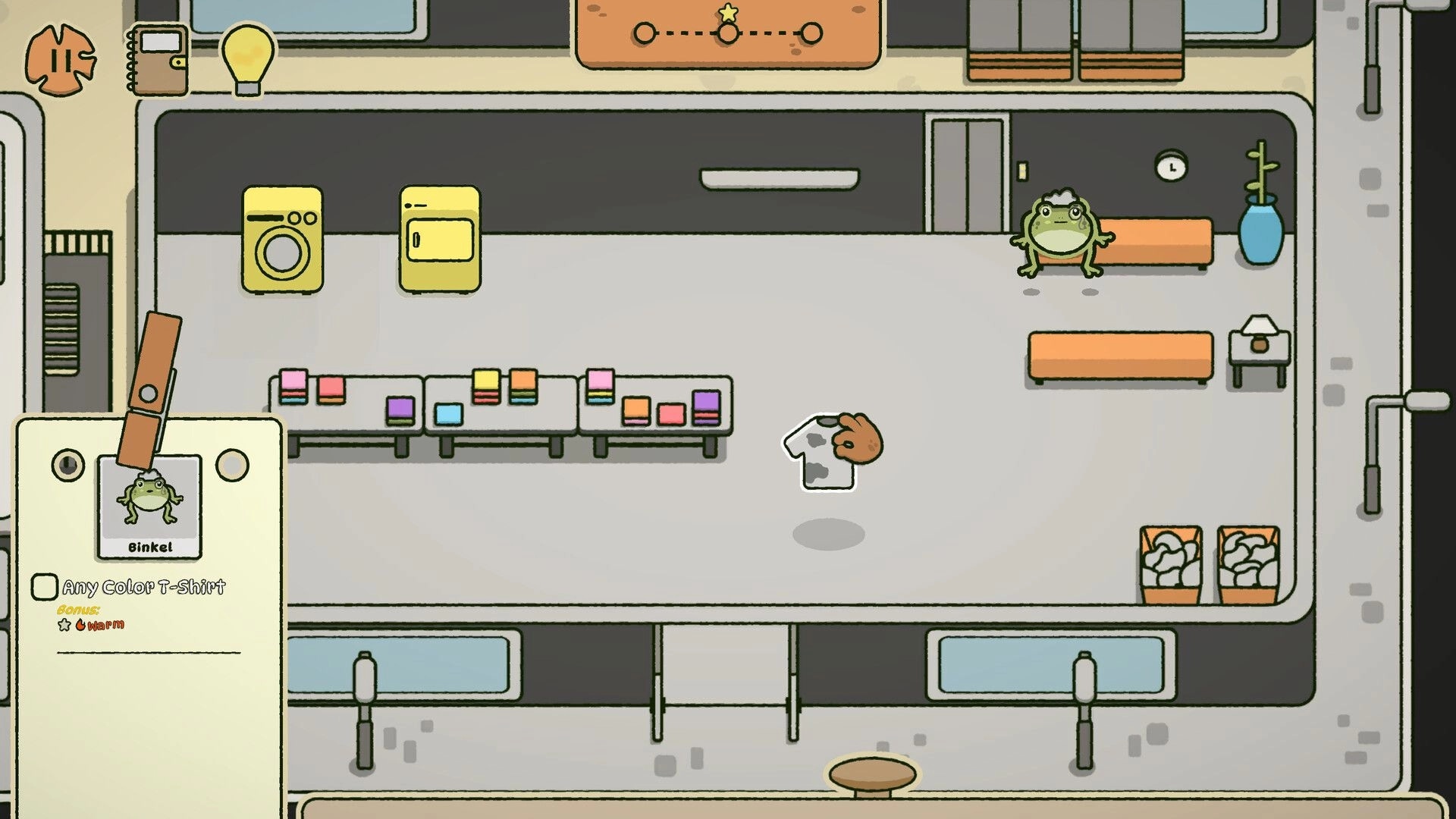 Frogs Aren’t Fresh: Dragging a gray T-shirt to folded stacks in a laundromat room with frog customer UI.