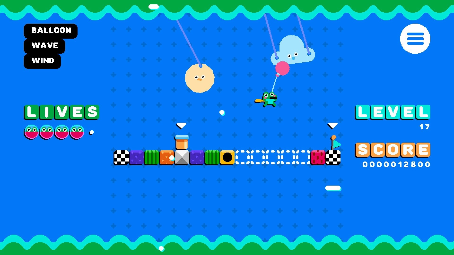 Frogspin: Frog leaps with balloon in colorful platforming level with score and lives displayed
