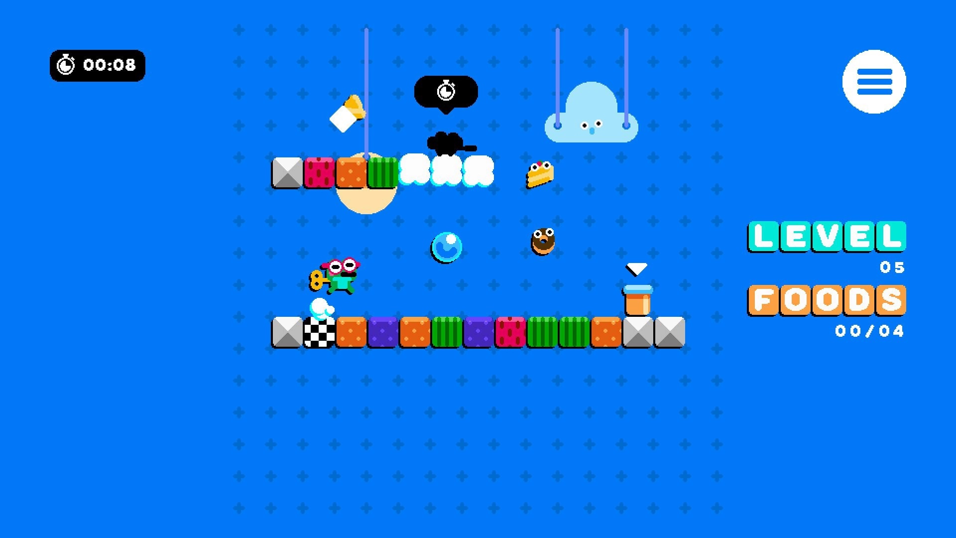 Frogspin: Frog holding key navigating colorful blocks with timer and level indicators in blue sky setting