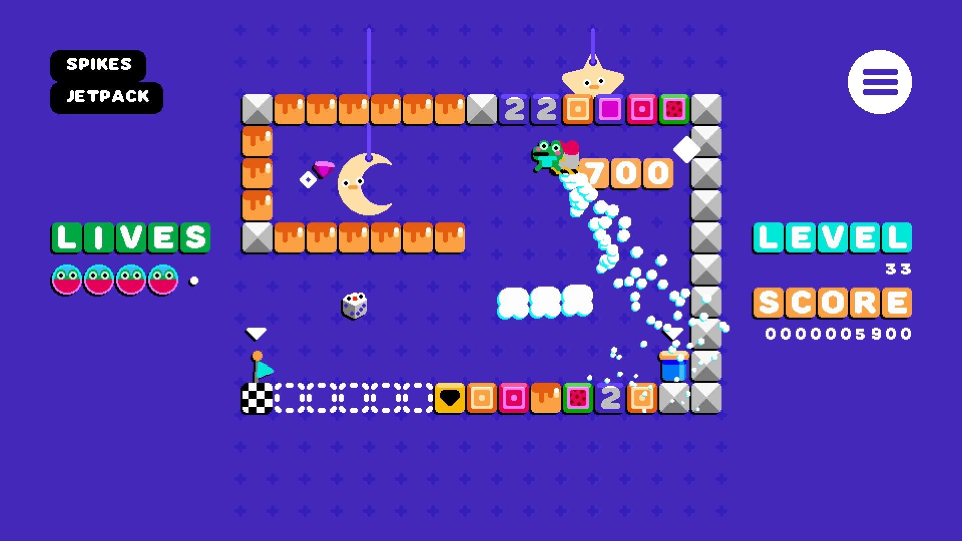 Frogspin: Frog using jetpack in a colorful platform maze with score and level indicators visible