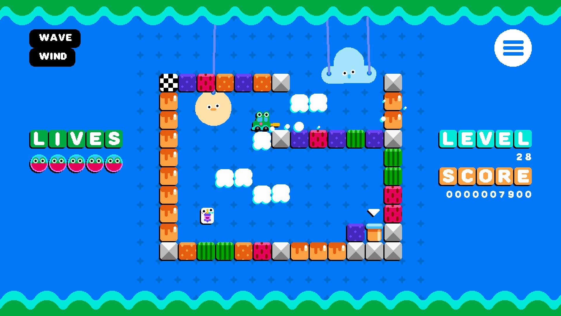 Frogspin: Frog character jumping across colorful blocks with score, level, and lives displayed.