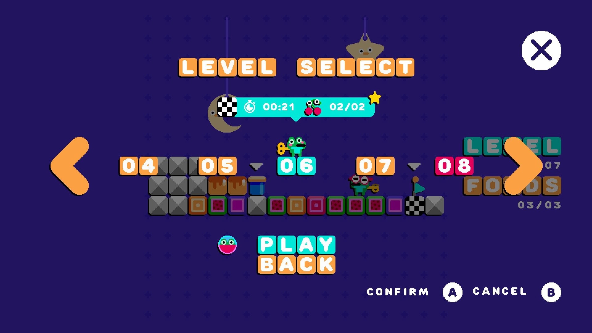 Frogspin: Level select screen with numbered stages and frog character icons on a colorful grid