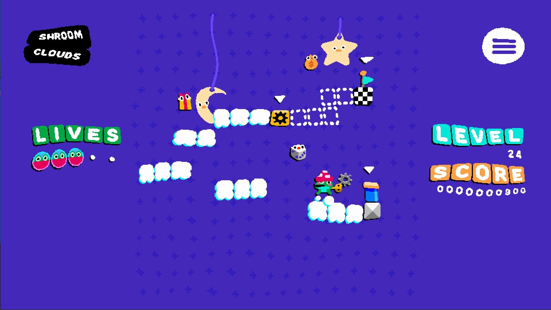 Frogspin: Frog platforming on cloud blocks, collecting gears, with lives and score displayed on screen