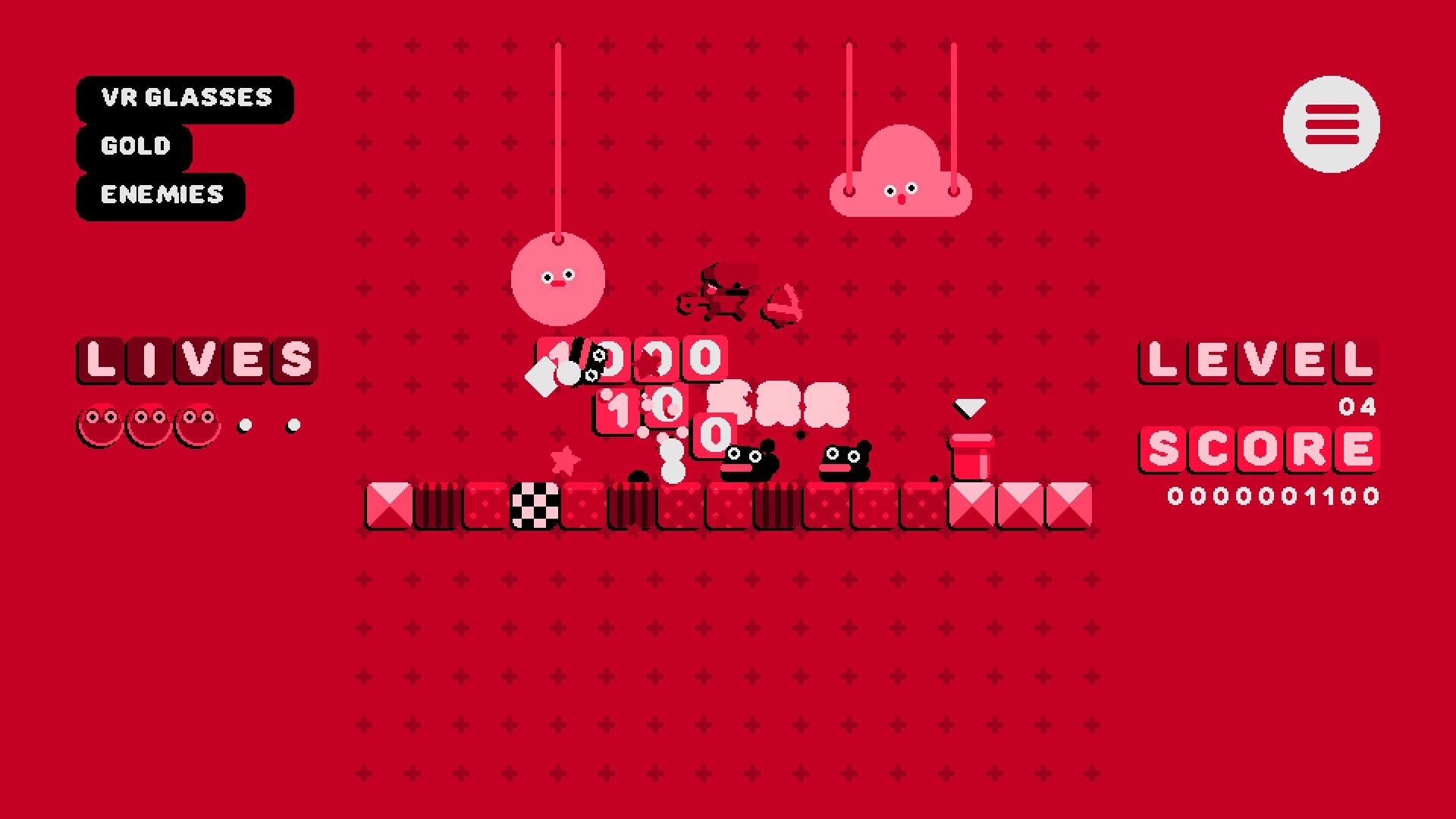 Frogspin: Frog jumping over platforms with score and lives displayed on vivid red background