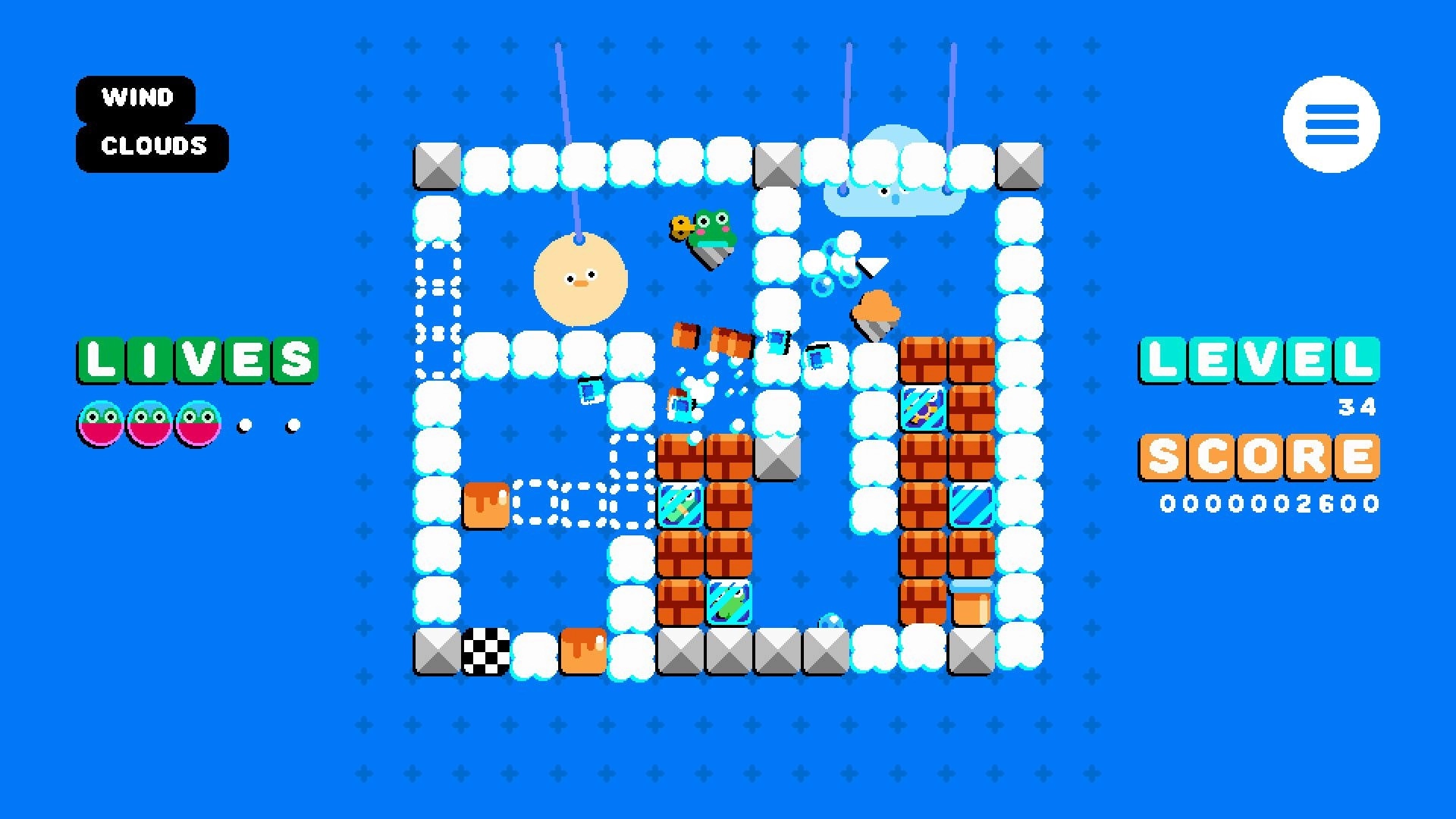 Frogspin: Frog character navigating cloud maze with lives, score, and level displayed on screen.