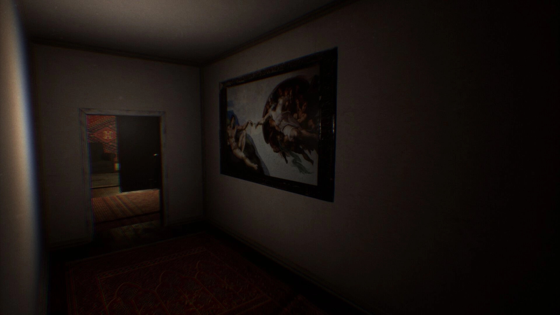 From Devil's Womb: Dimly lit corridor with a painting on the wall and an open door leading to another room