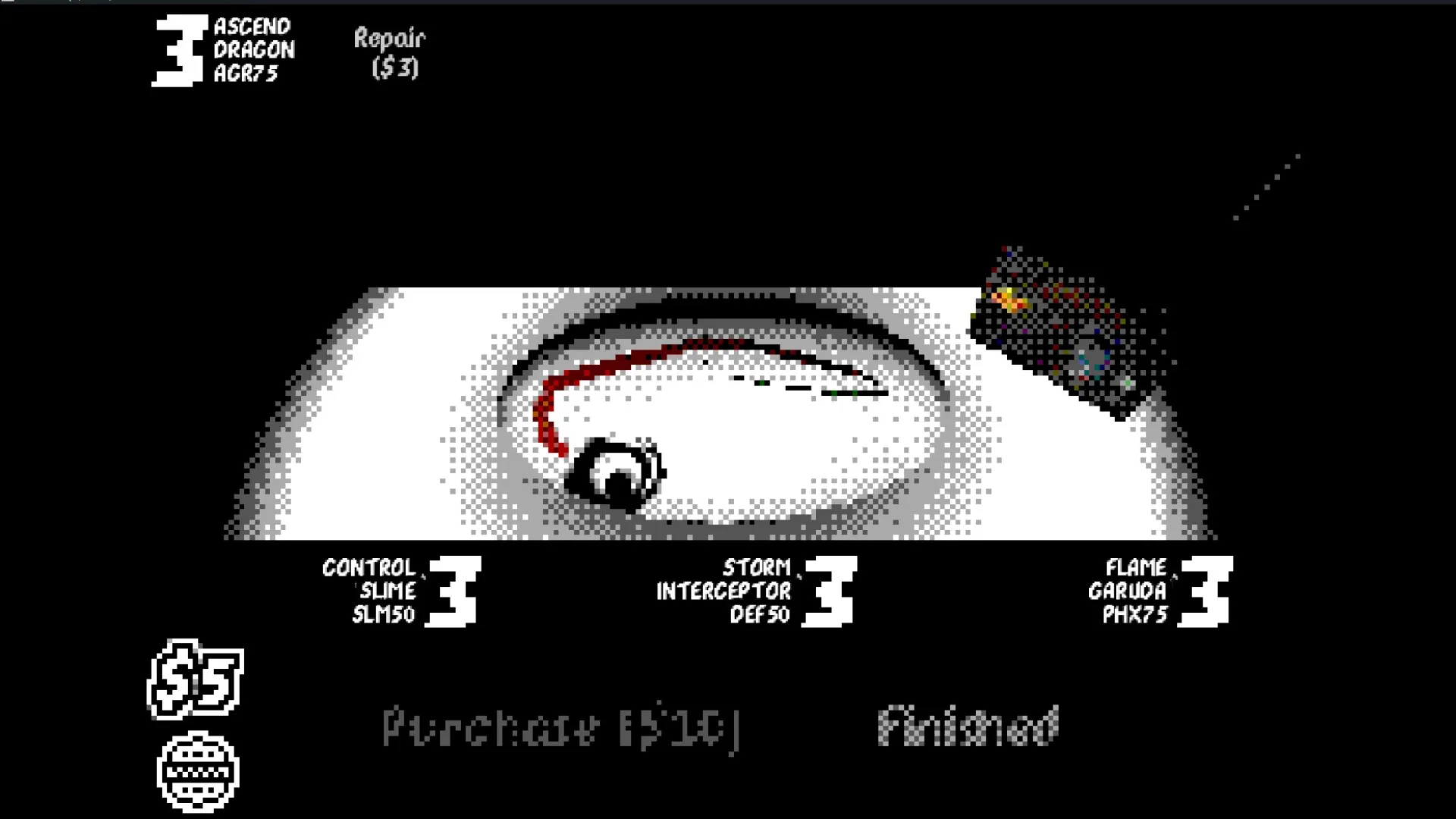 From The Top: Battling tops in a circular arena with stats and repair cost displayed on the interface