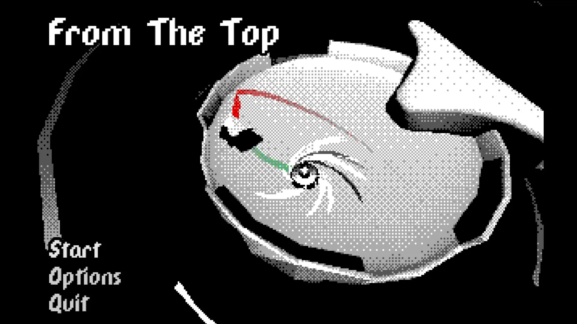 From The Top: Main menu with options and battling tops in arena on a pixelated black and white screen