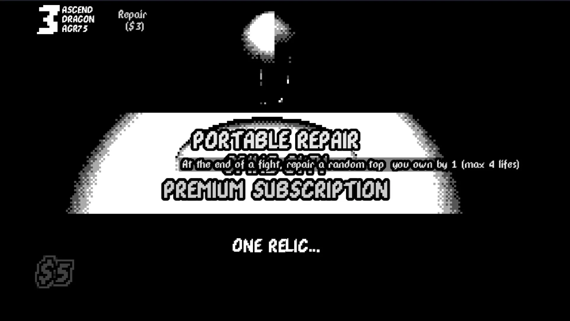 From The Top: Relic selection screen showing "Portable Repair" and cost options in monochrome style