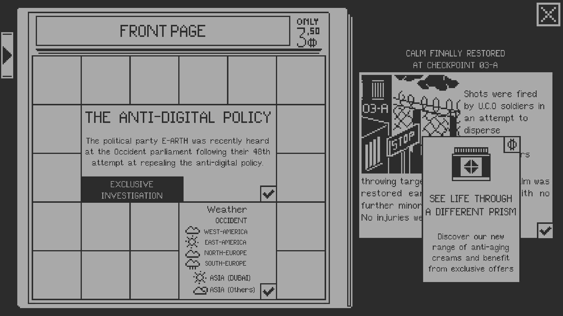 Front Page: Newspaper layout editor with Anti-Digital Policy article, weather box, and ad panel UI.