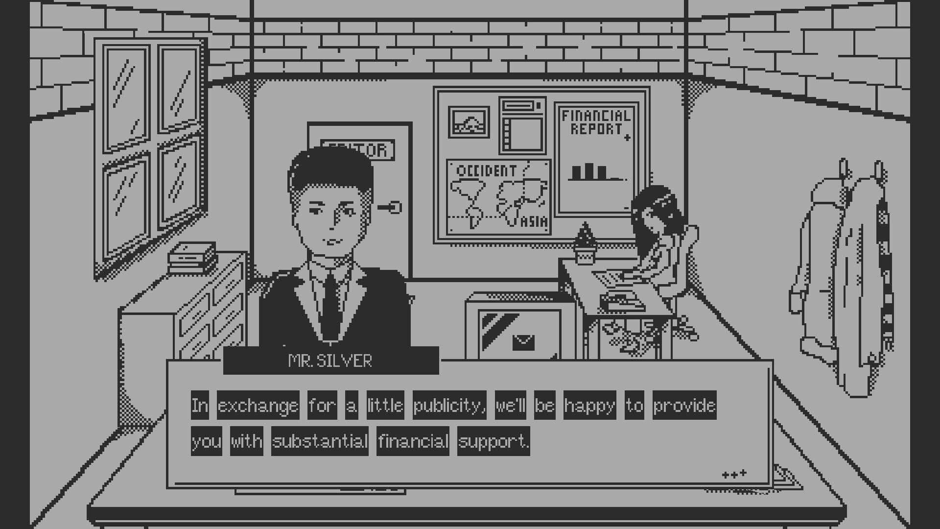Front Page: Dialogue with Mr. Silver offering financial support in a pixel art newsroom office scene.