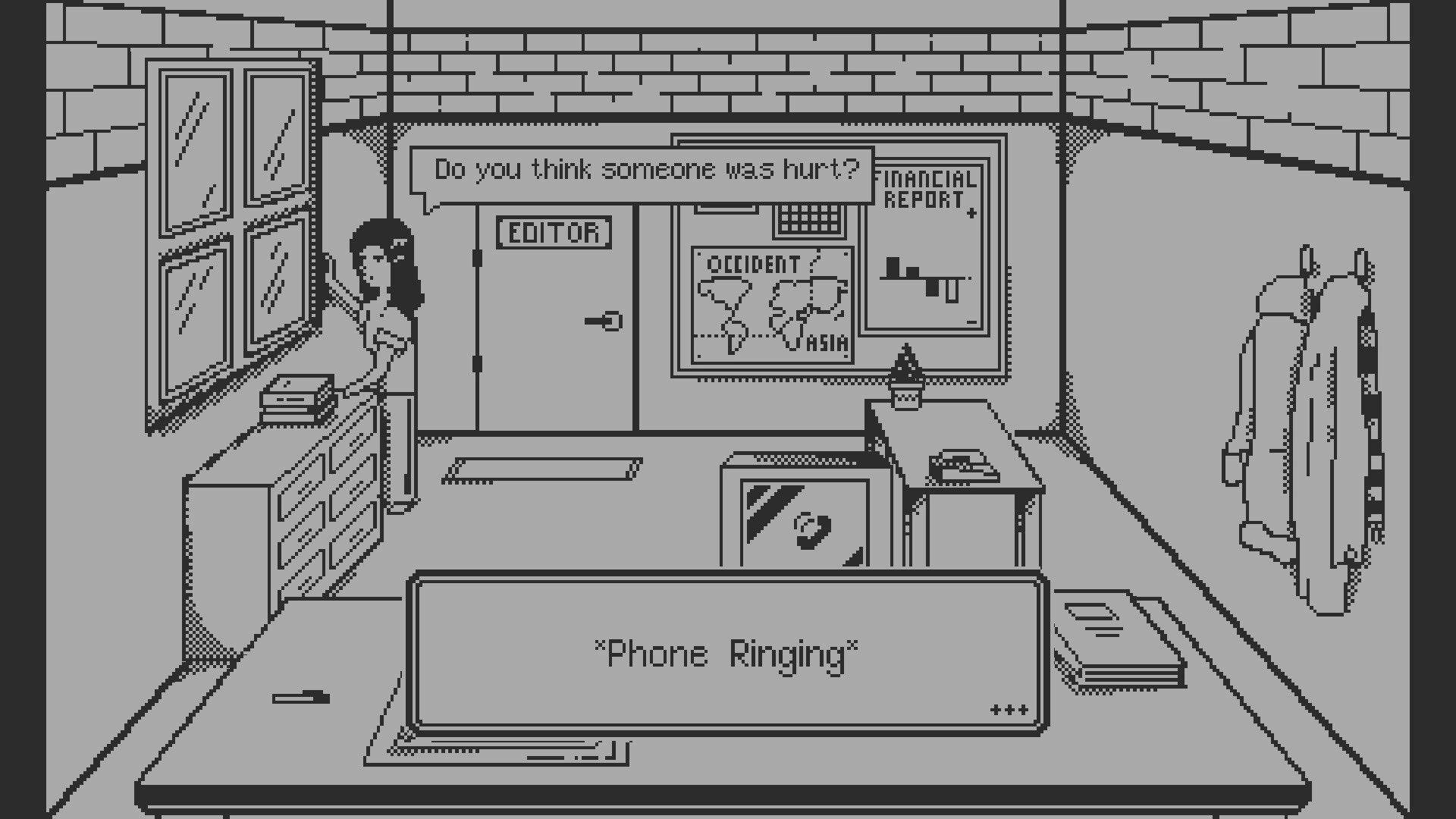Front Page: Editor office scene with phone ringing dialogue box, papers, and wall reports visible.