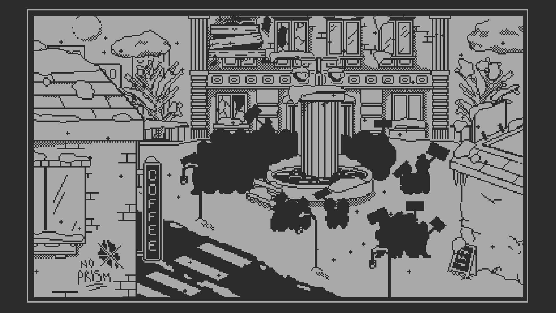 Front Page: Pixel-art city square with fountain and trees in front of a damaged apartment building.