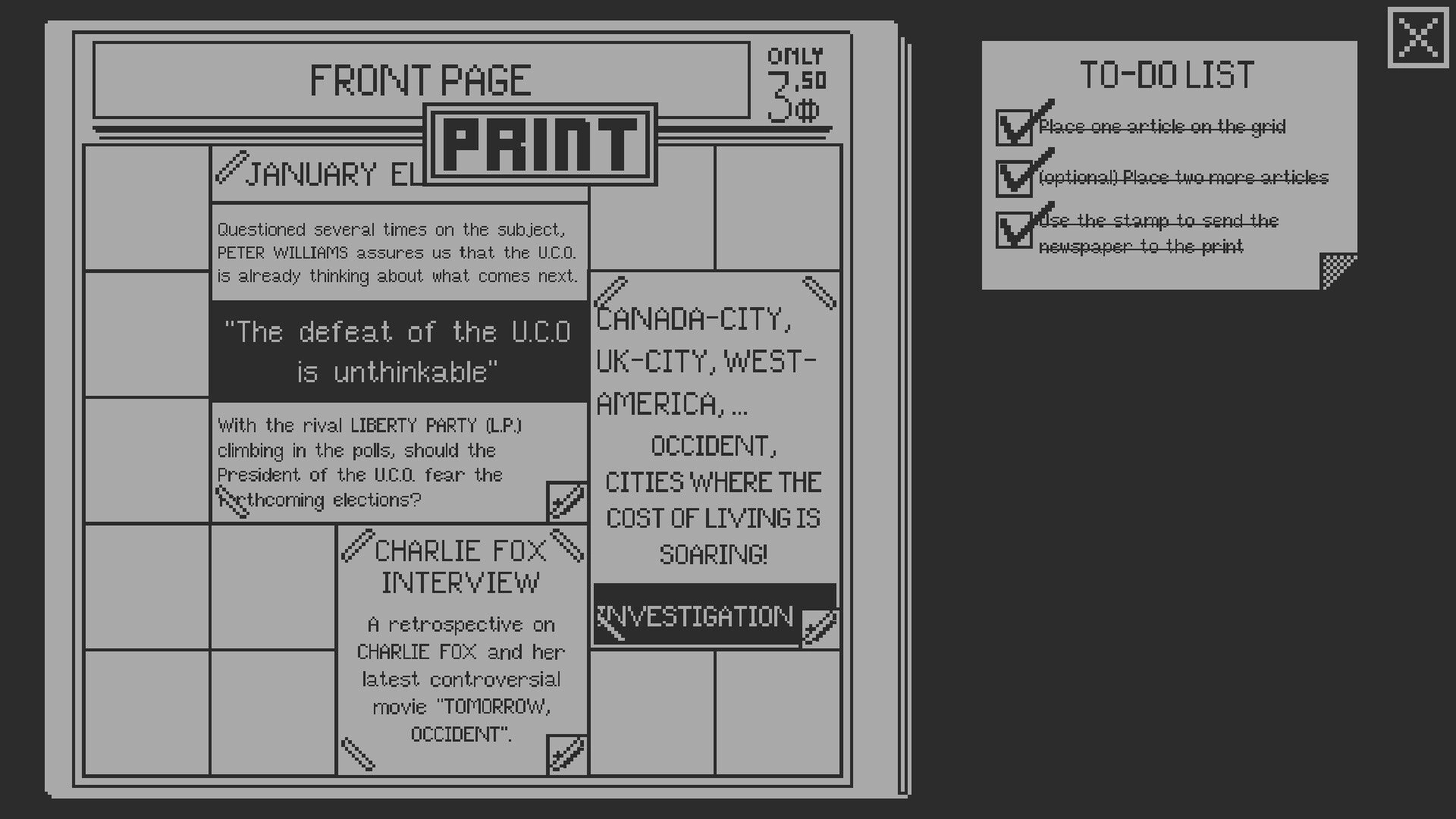 Front Page: Newspaper layout editor with PRINT button and article blocks on grid, to-do panel UI.