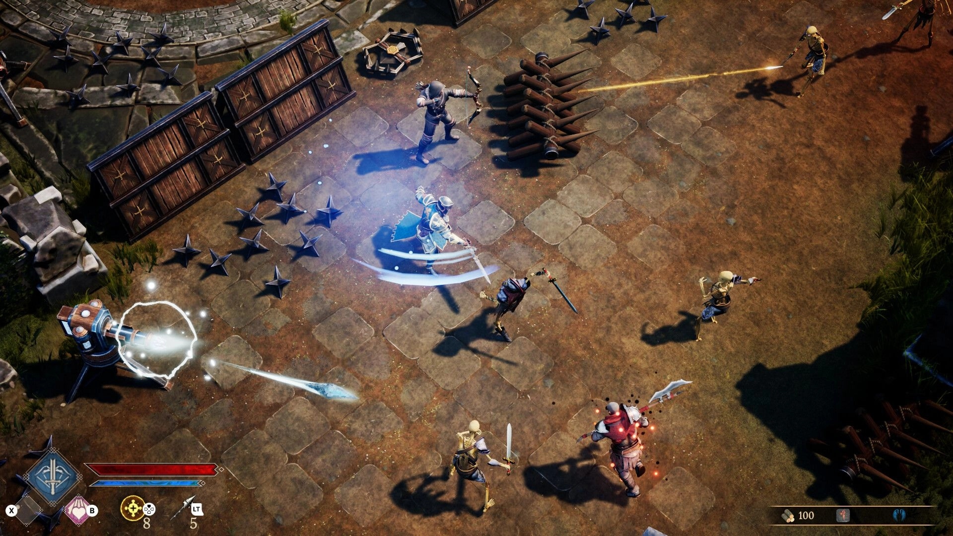 Frontier Paladin: Paladin battles skeletons with sword and shield near barricades and spike traps