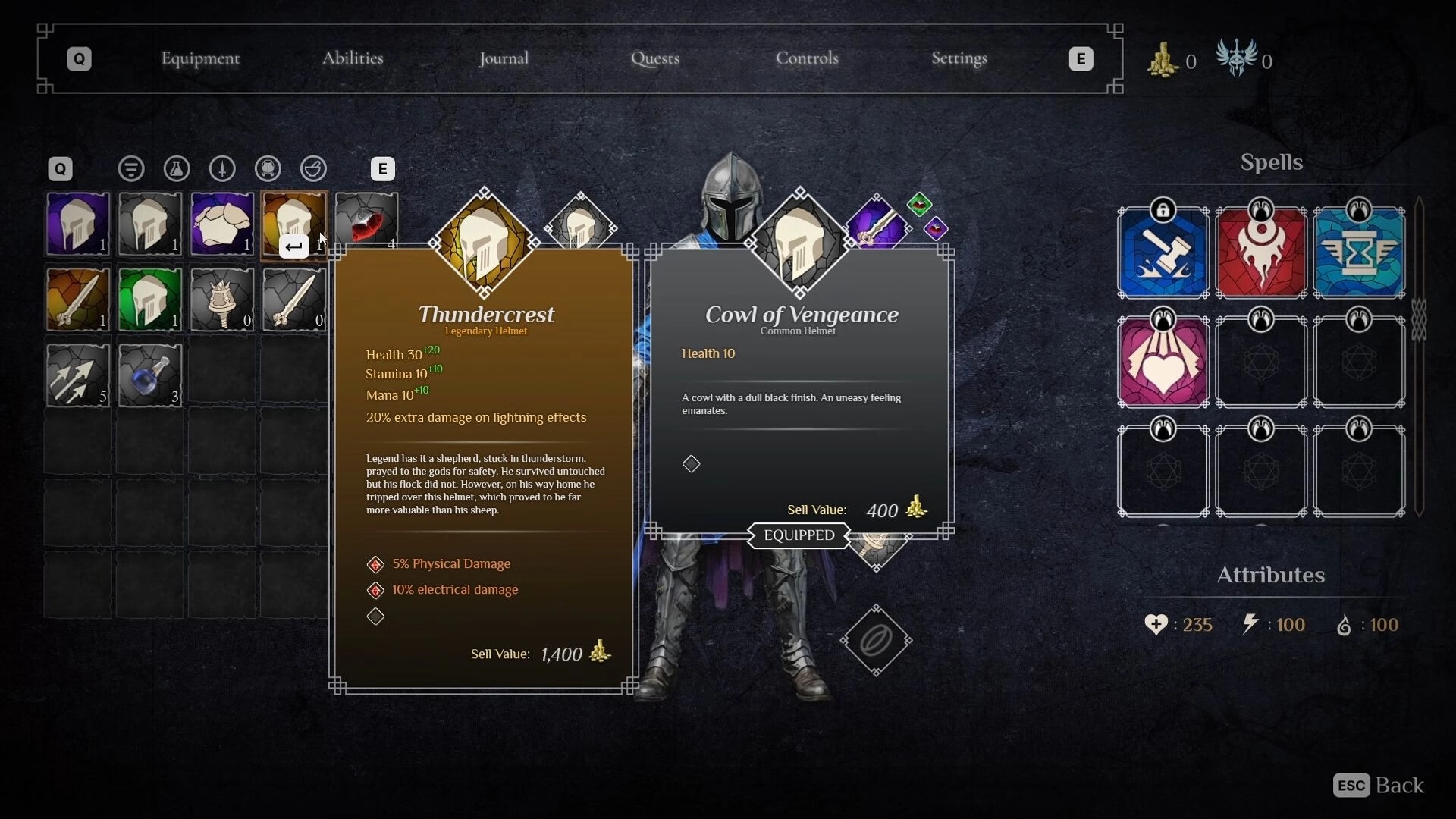Frontier Paladin: Inventory and equipment screen with Thundercrest and Cowl of Vengeance helmets displayed