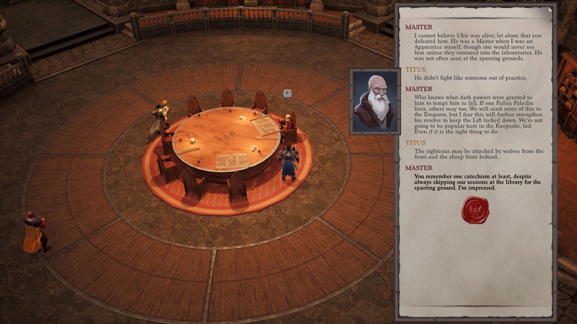 Frontier Paladin: Discussion at round table with Titus and Master, parchment dialogue on right side