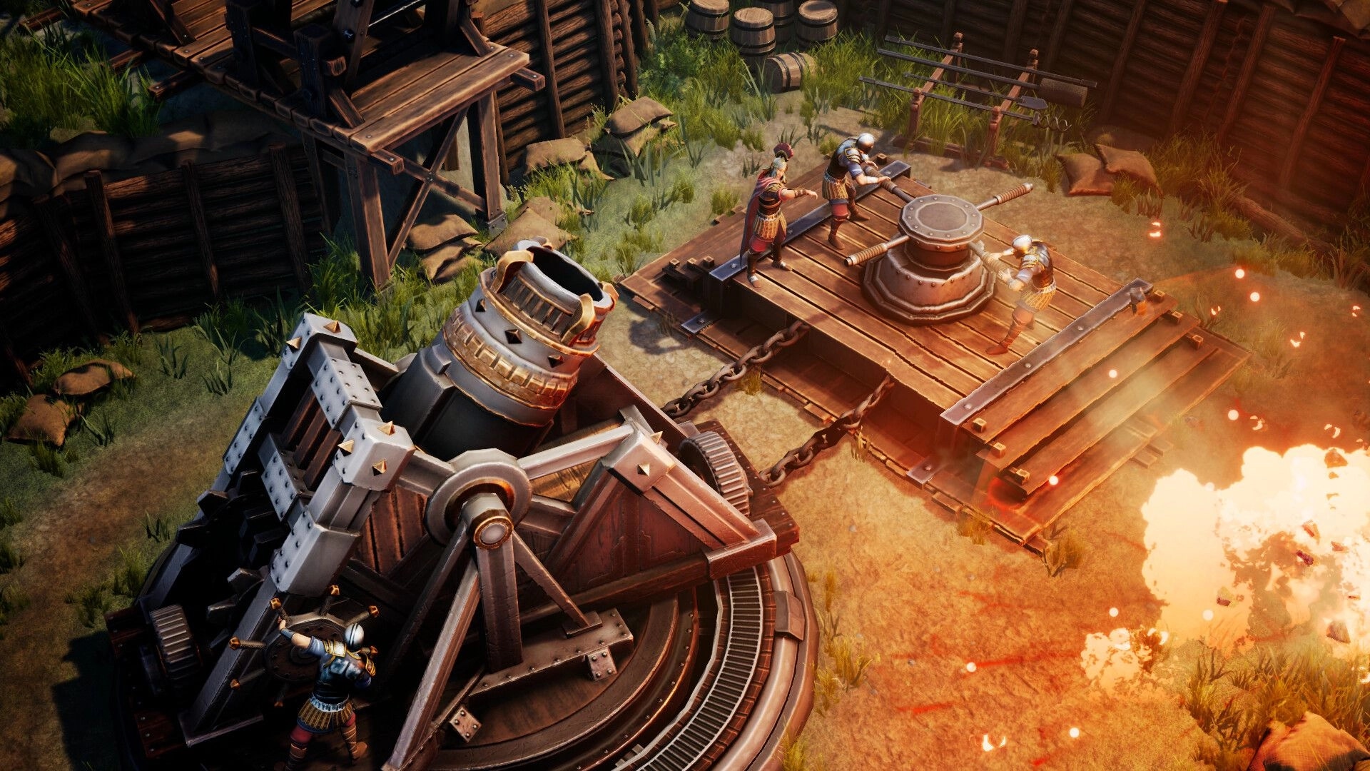 Frontier Paladin: Characters operating catapults in a fortified area with explosions nearby
