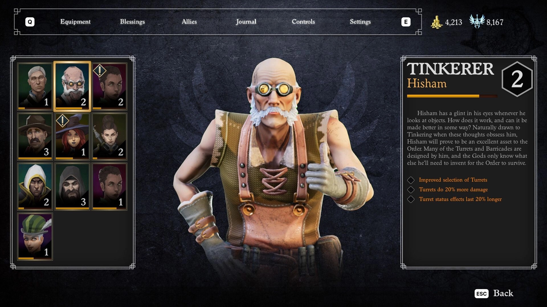 Frontier Paladin: Character selection screen with Hisham's profile and abilities highlighted.
