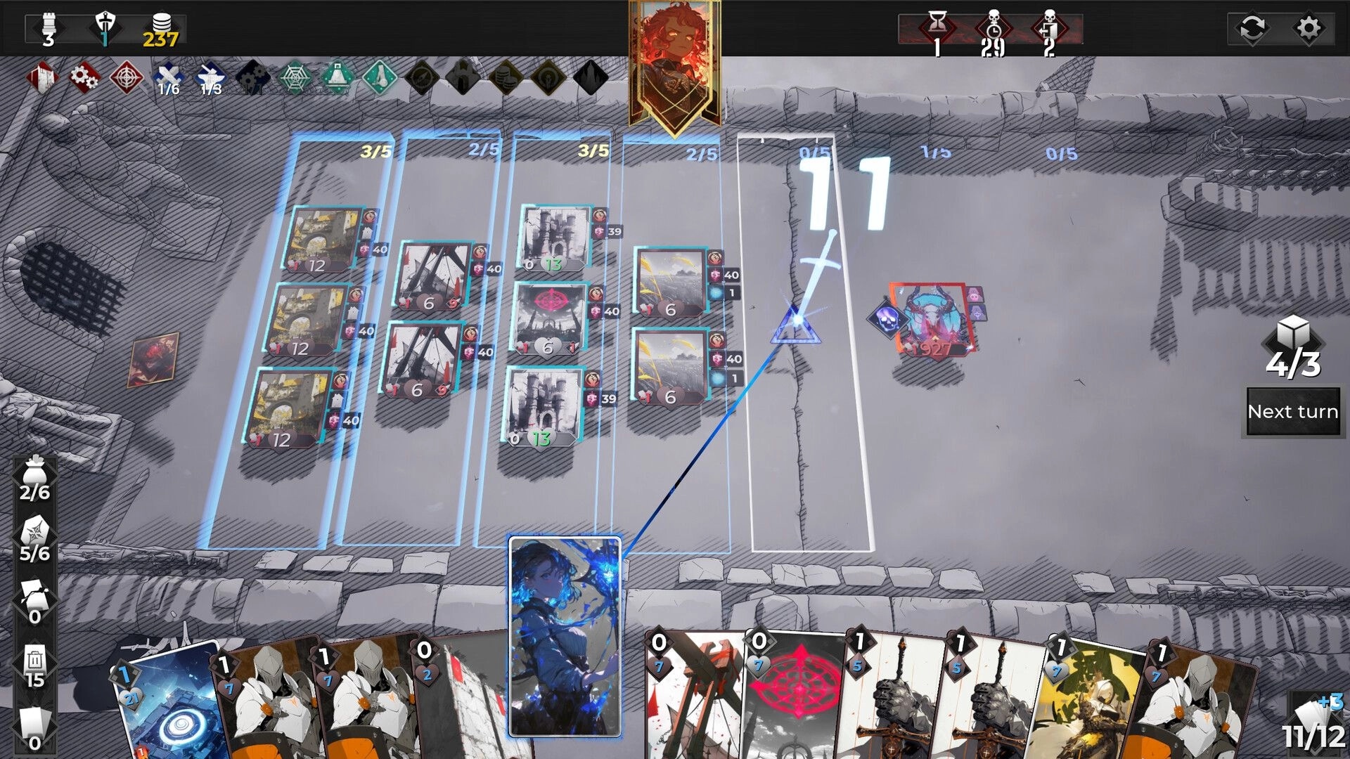FrostBound: Tactical card battle with player deploying heroes against a powerful enemy in snowy arena
