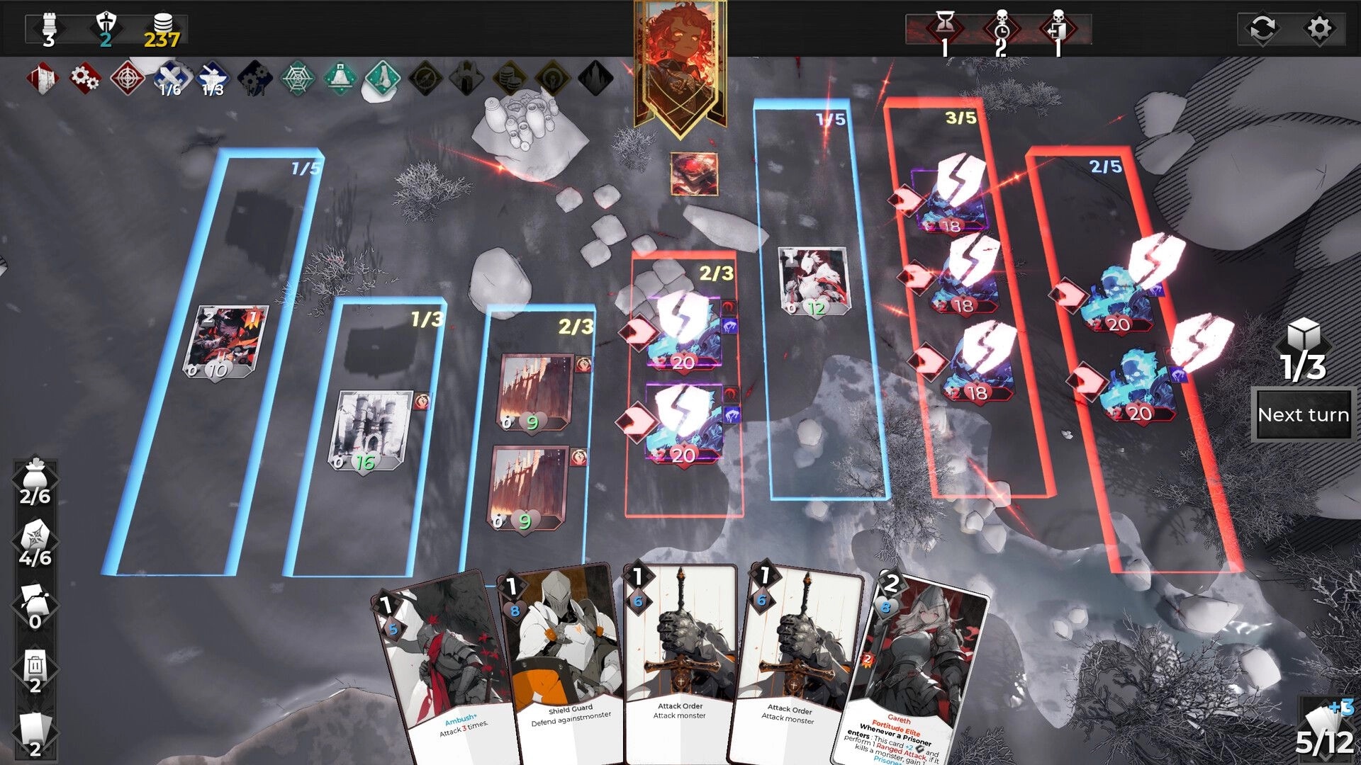 FrostBound: Strategic card battle with enemy waves in a snowy landscape and resource management UI.