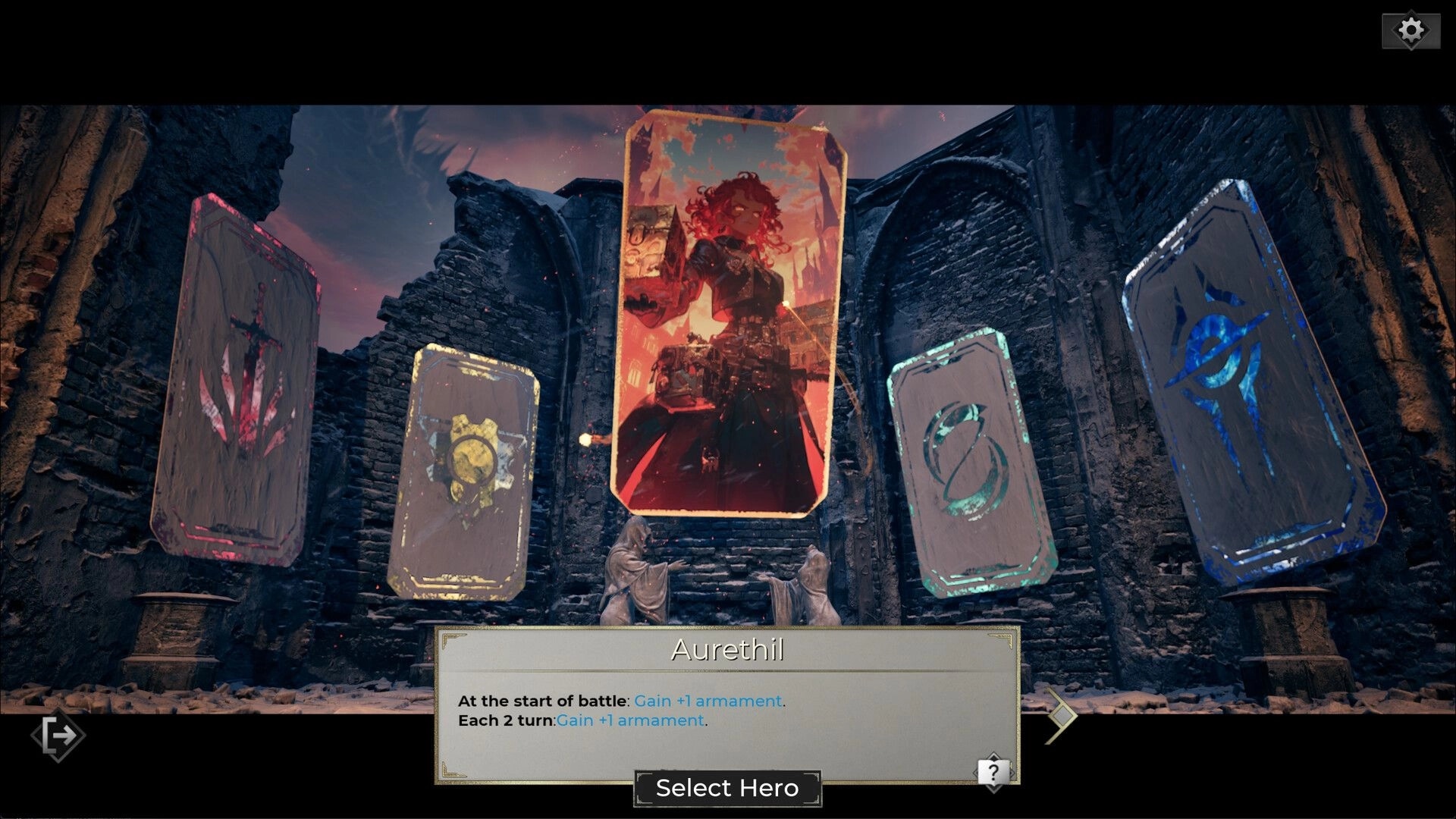 FrostBound: Hero selection screen featuring Aurethil amidst ancient ruins with four large cards displayed