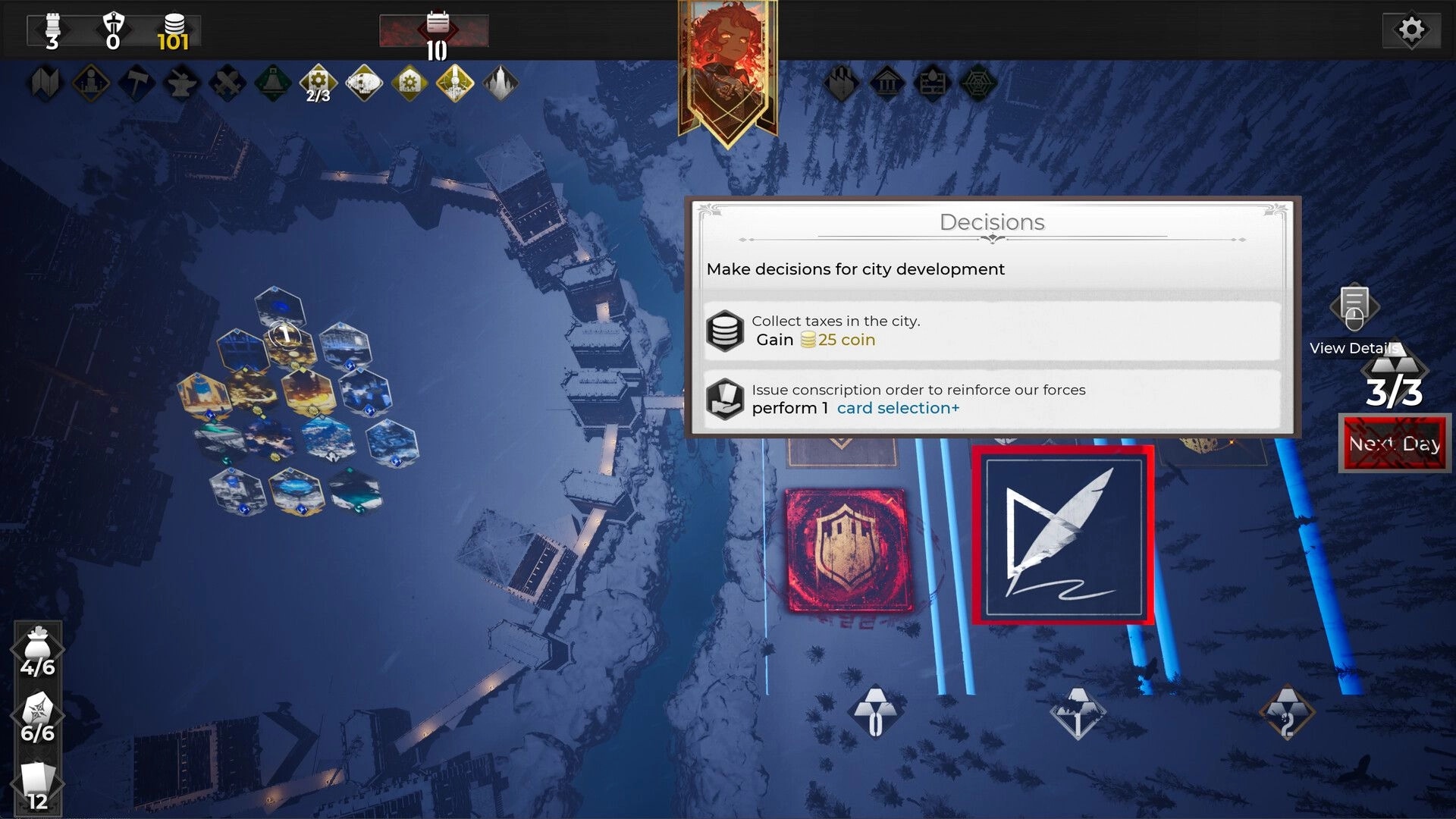 FrostBound: City development decisions with hex grid and resource management in a snowy landscape