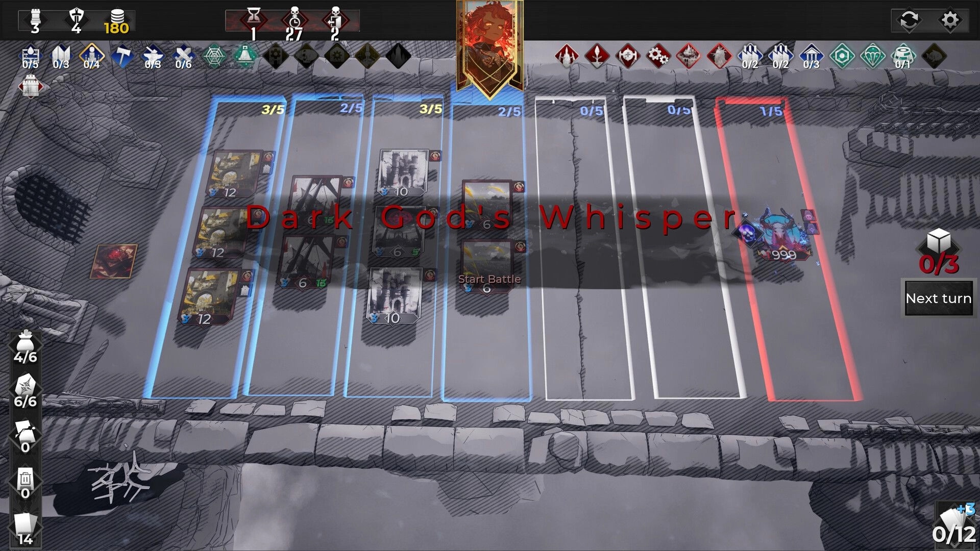 FrostBound: Player's card setup versus enemy in icy arena with "Dark God's Whisper" overlay.