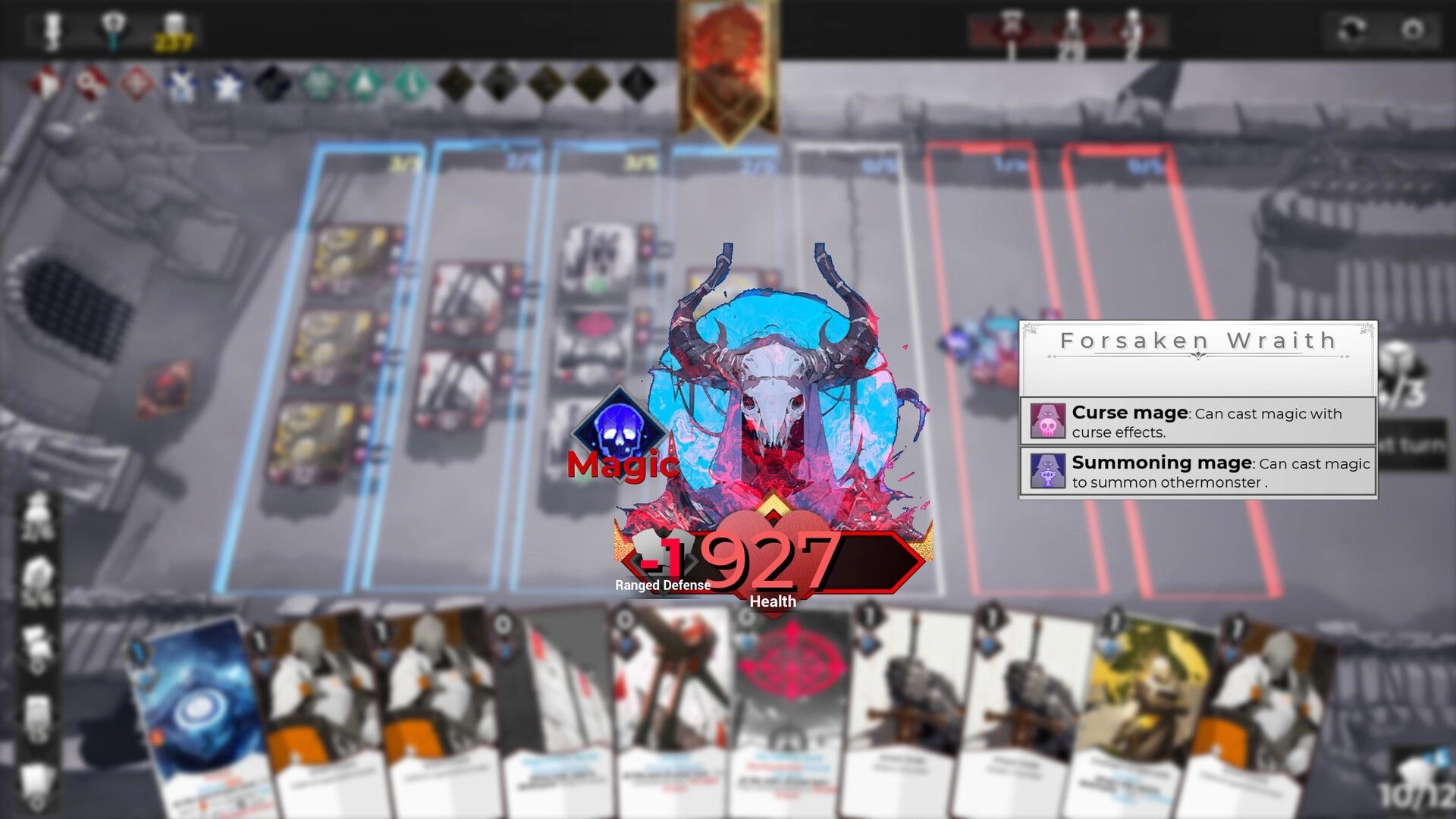 FrostBound: Forsaken Wraith in card battle with health display, curse and summoning mage abilities shown.