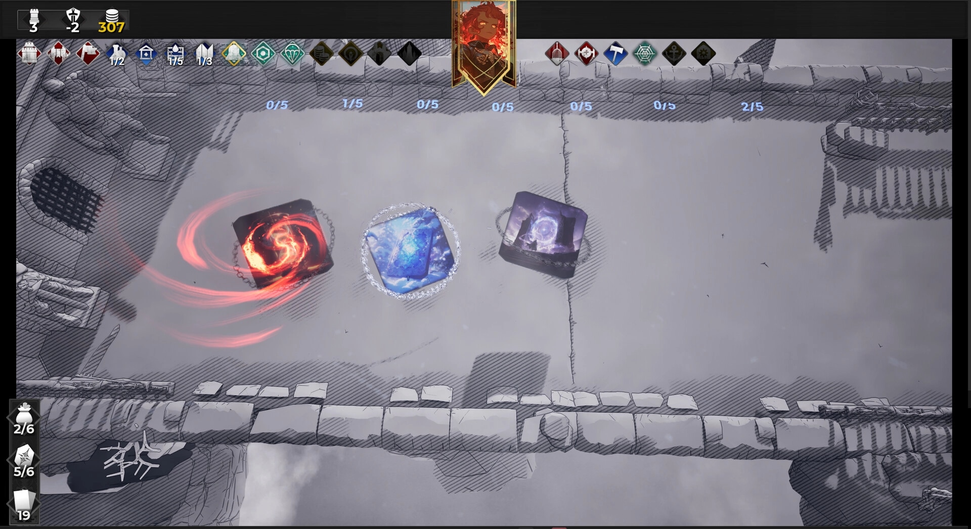 FrostBound: Three magical cards in combat arena with player resources and character stats displayed
