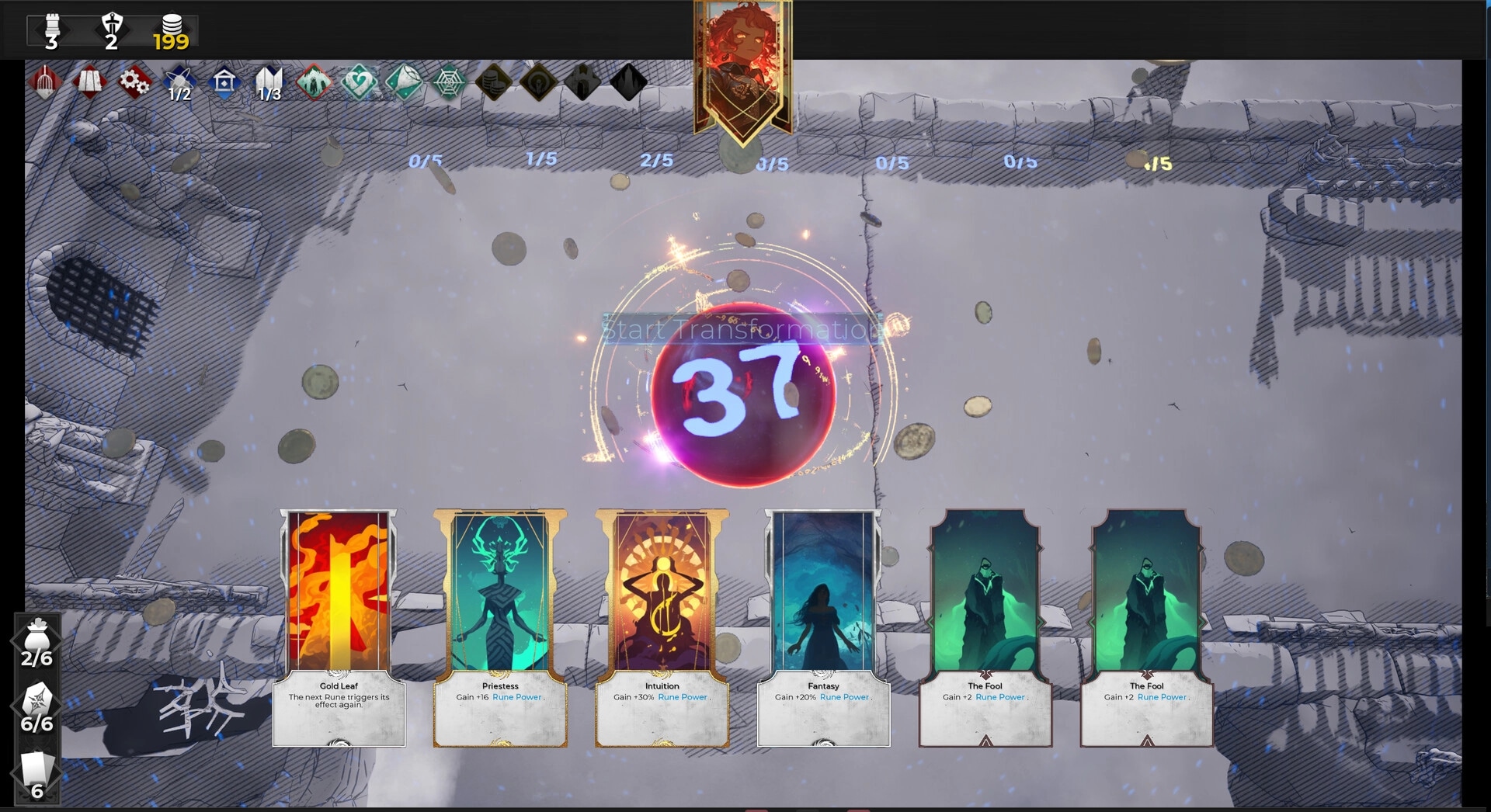 FrostBound: Card selection phase with six cards displayed in a snowy environment, large 37 shown.