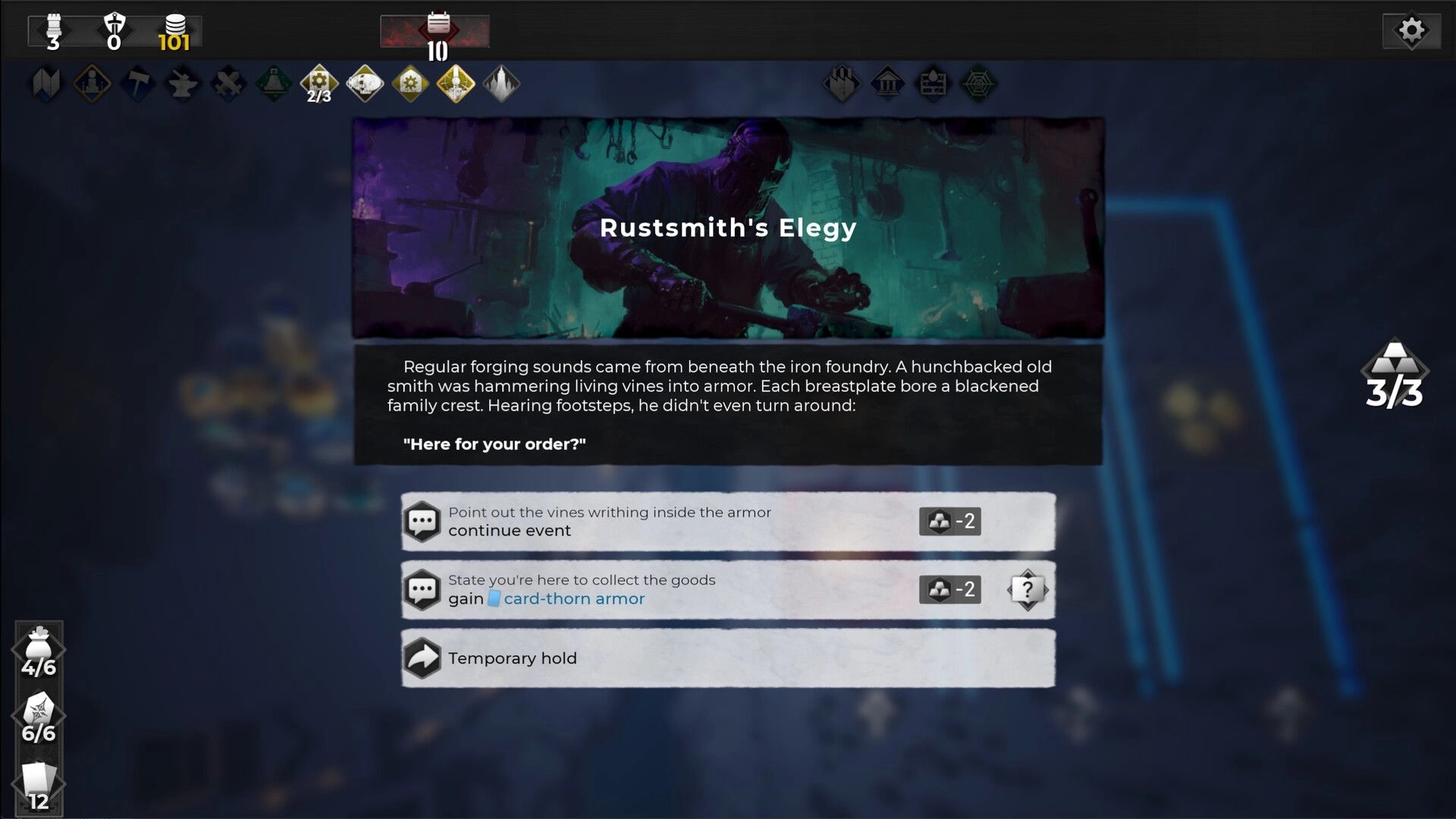 FrostBound: Rustsmith's Elegy event with forging scene and player dialogue choices in a dark foundry setting