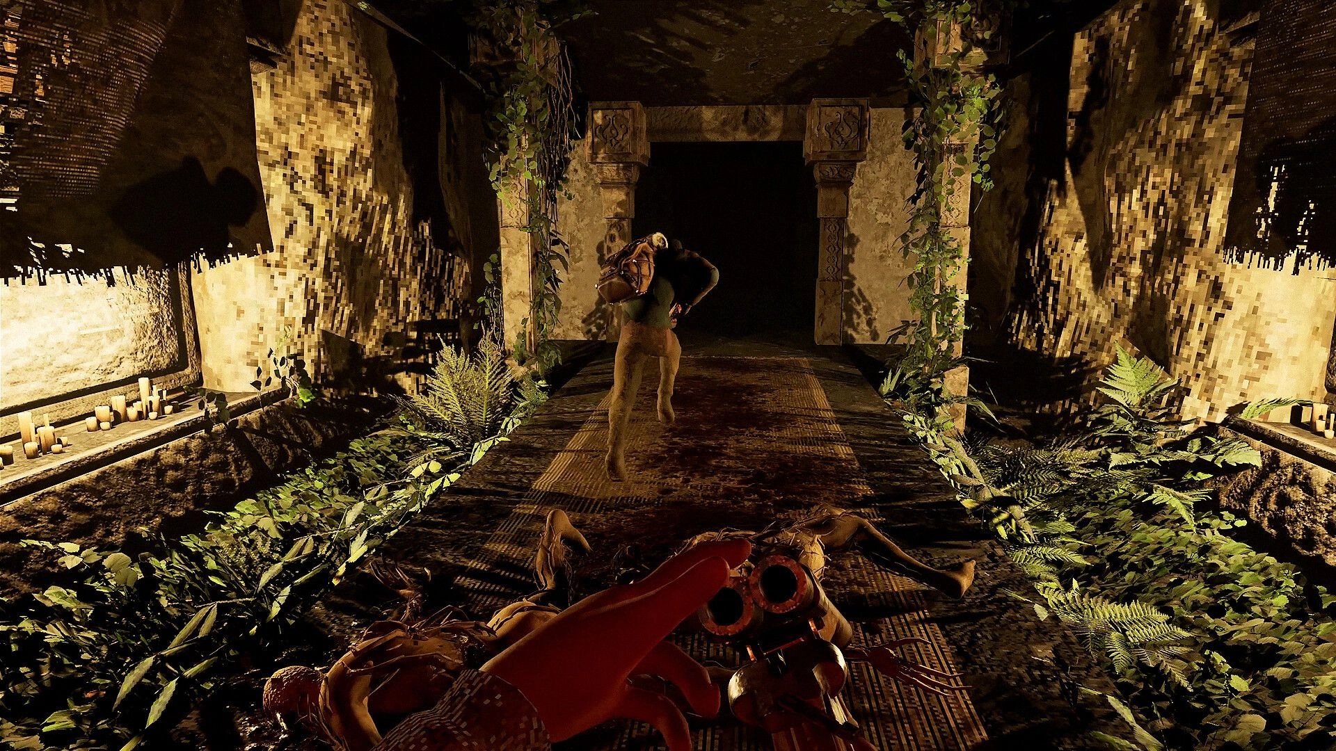 Frostrail: First-person view aiming a revolver at a fleeing survivor in vine-covered ruins corridor.