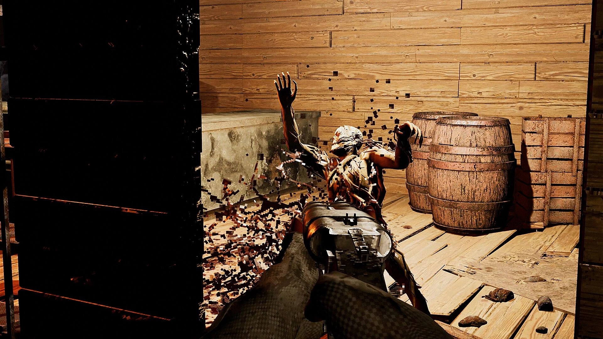 Frostrail: First-person rifle shot drops a masked raider inside a wooden room with barrels and crates.