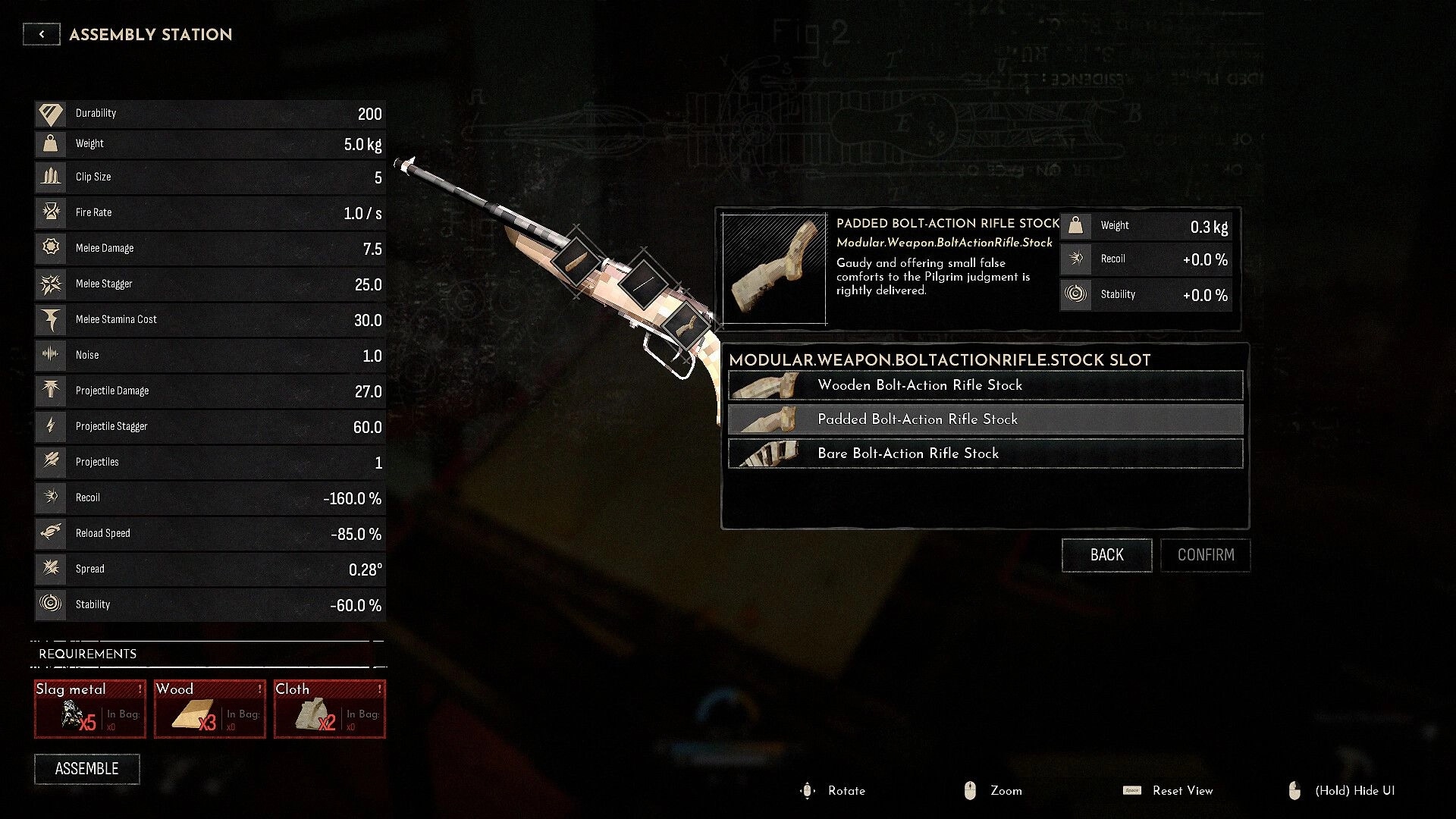 Frostrail: Assembly Station weapon mod menu selecting padded bolt-action rifle stock with stats panel.