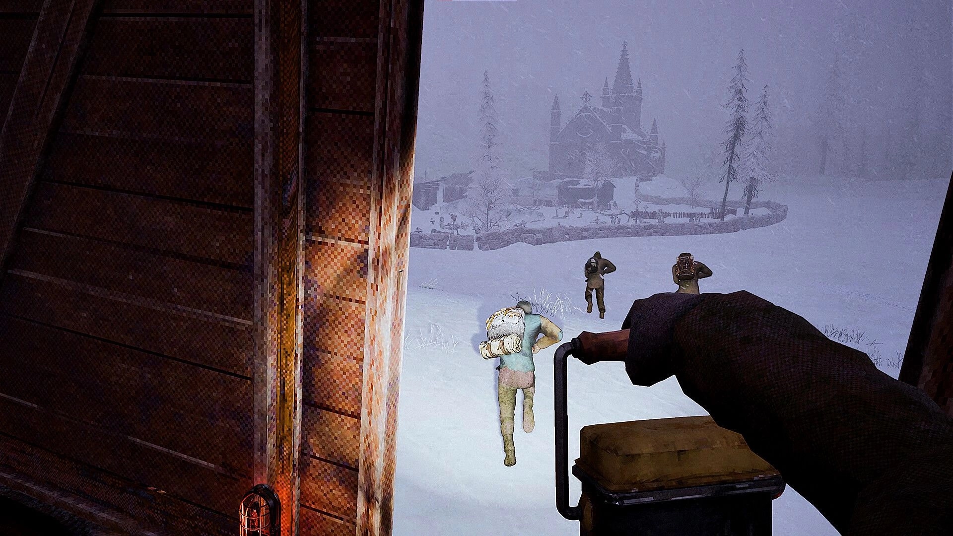 Frostrail: First-person view with gloved hand holding jerrycan as survivors run across snowy field.