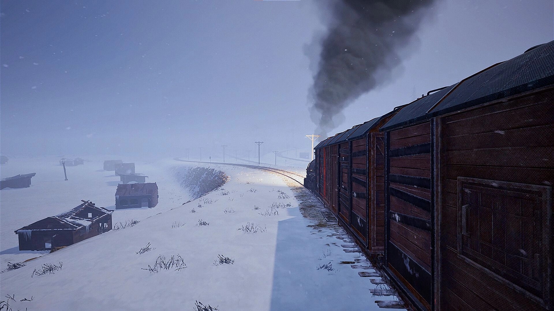 Frostrail: Steam train rounds a snowy bend, smoke billowing over frozen ruins and power poles.