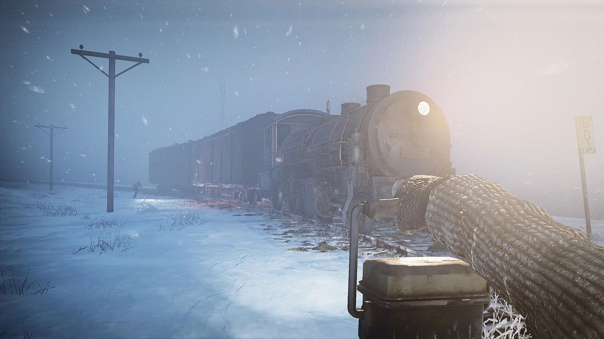 Frostrail: First-person view aiming a rifle at a steam train on snowy tracks in a blizzard dusk.