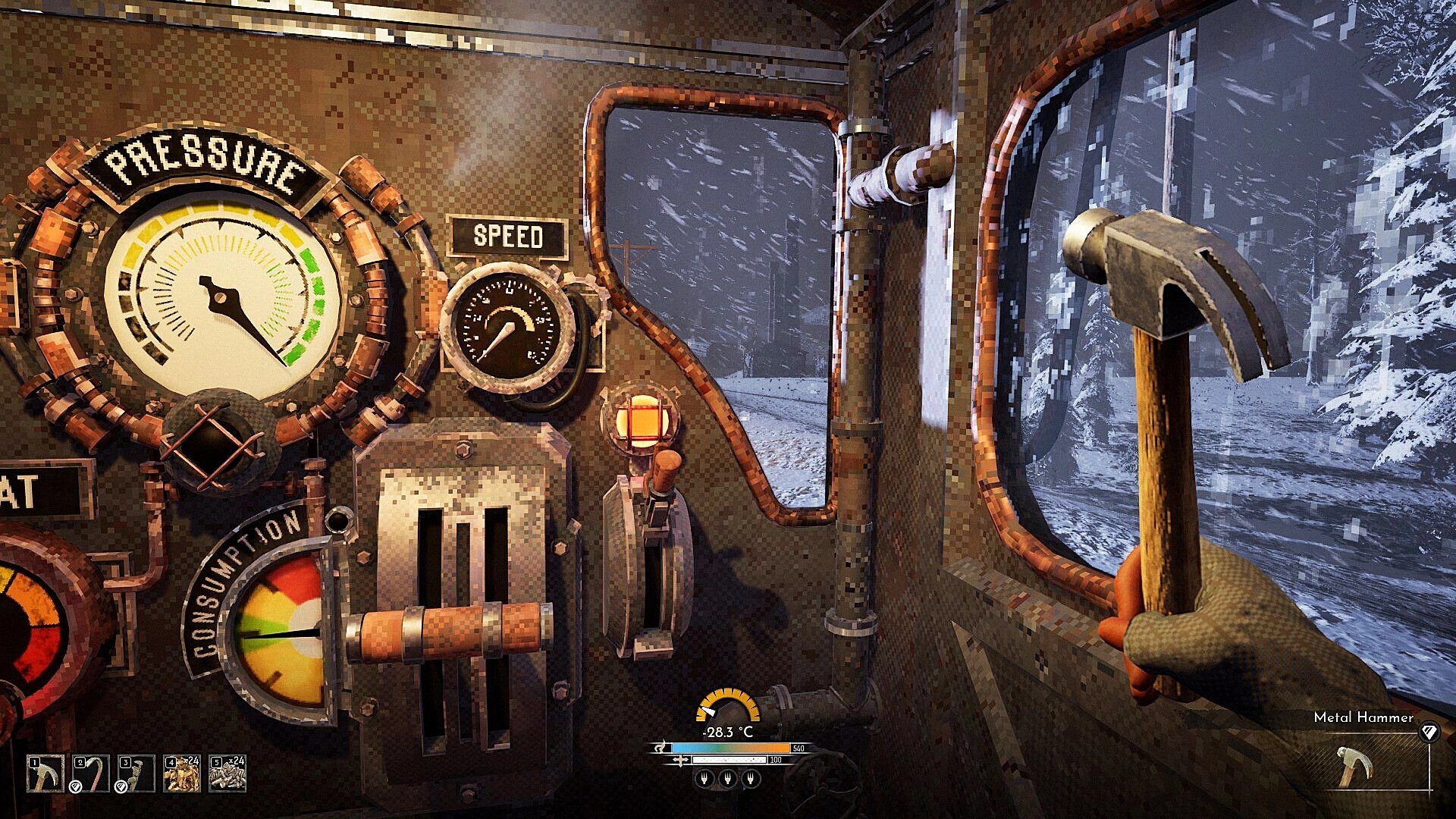 Frostrail: First-person train cab controls with pressure gauges and hammer, snowy forest outside windows.