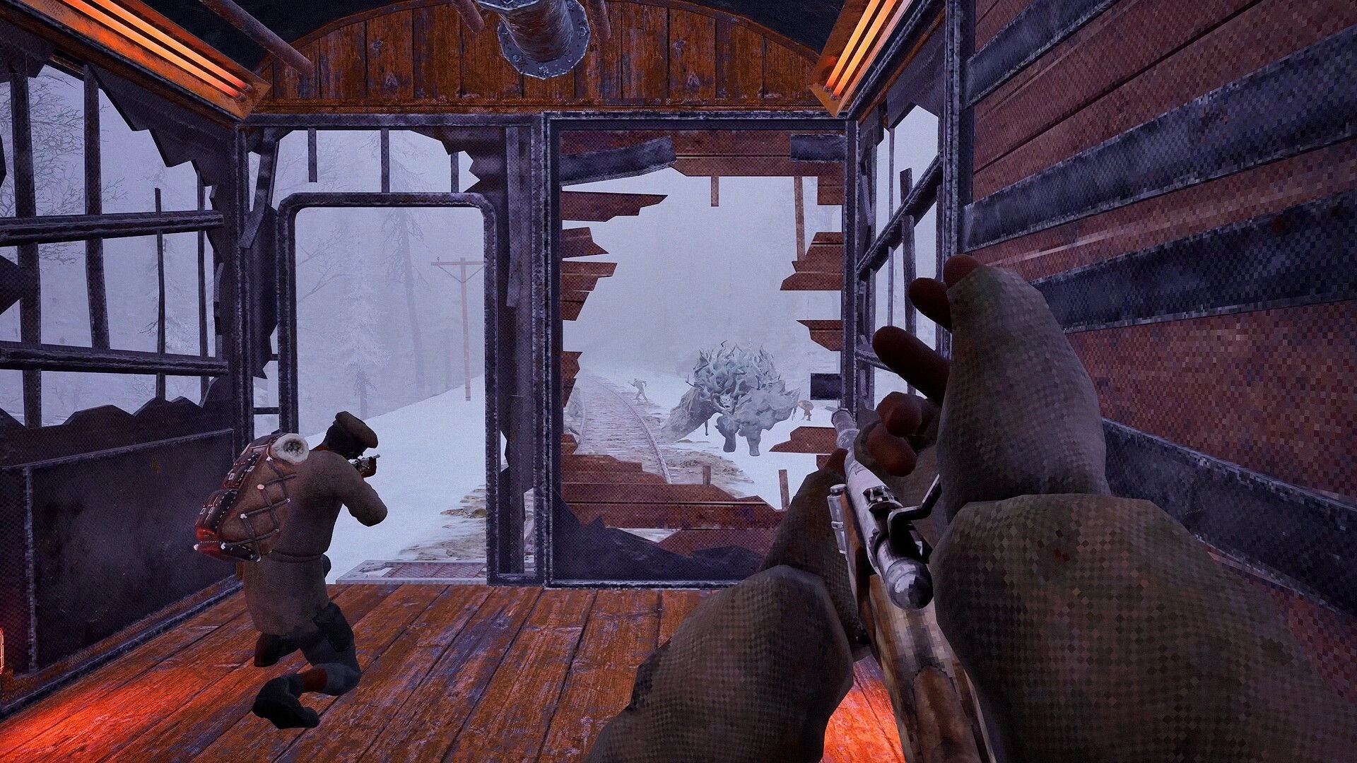 Frostrail: First-person rifle aimed from a wrecked train car at a charging mutant in blizzard tracks.