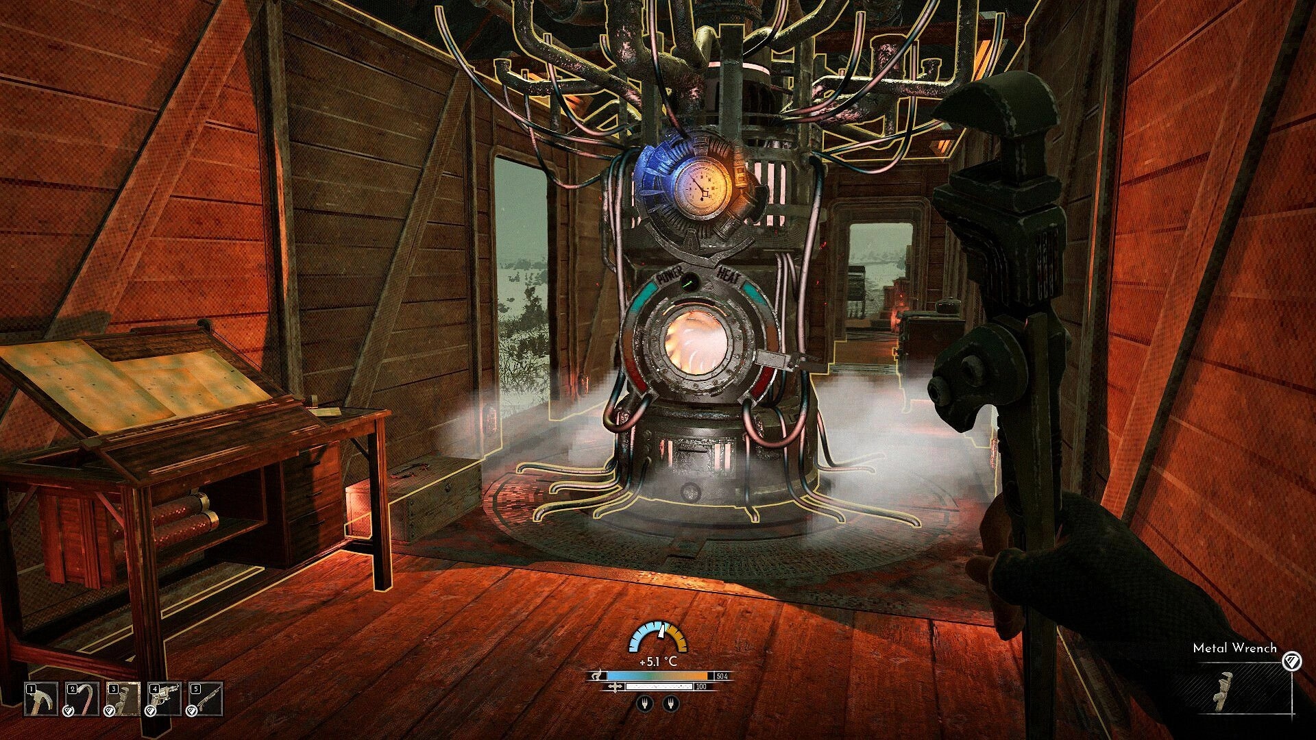 Frostrail: Repairing a steaming generator with a metal wrench inside a wooden train car workshop.